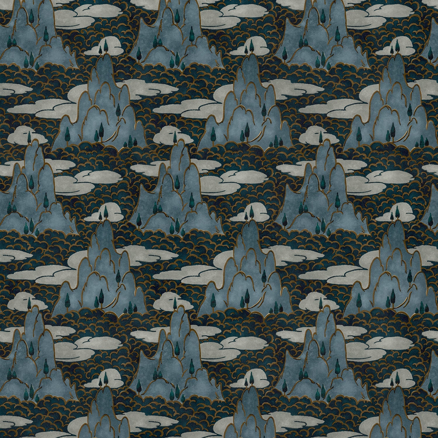 Printed velvet fabric with a scenic landscape oriental design in blue colours, for upholstery and curtain use.