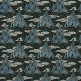 Printed velvet fabric with a scenic landscape oriental design in blue colours, for upholstery and curtain use.
