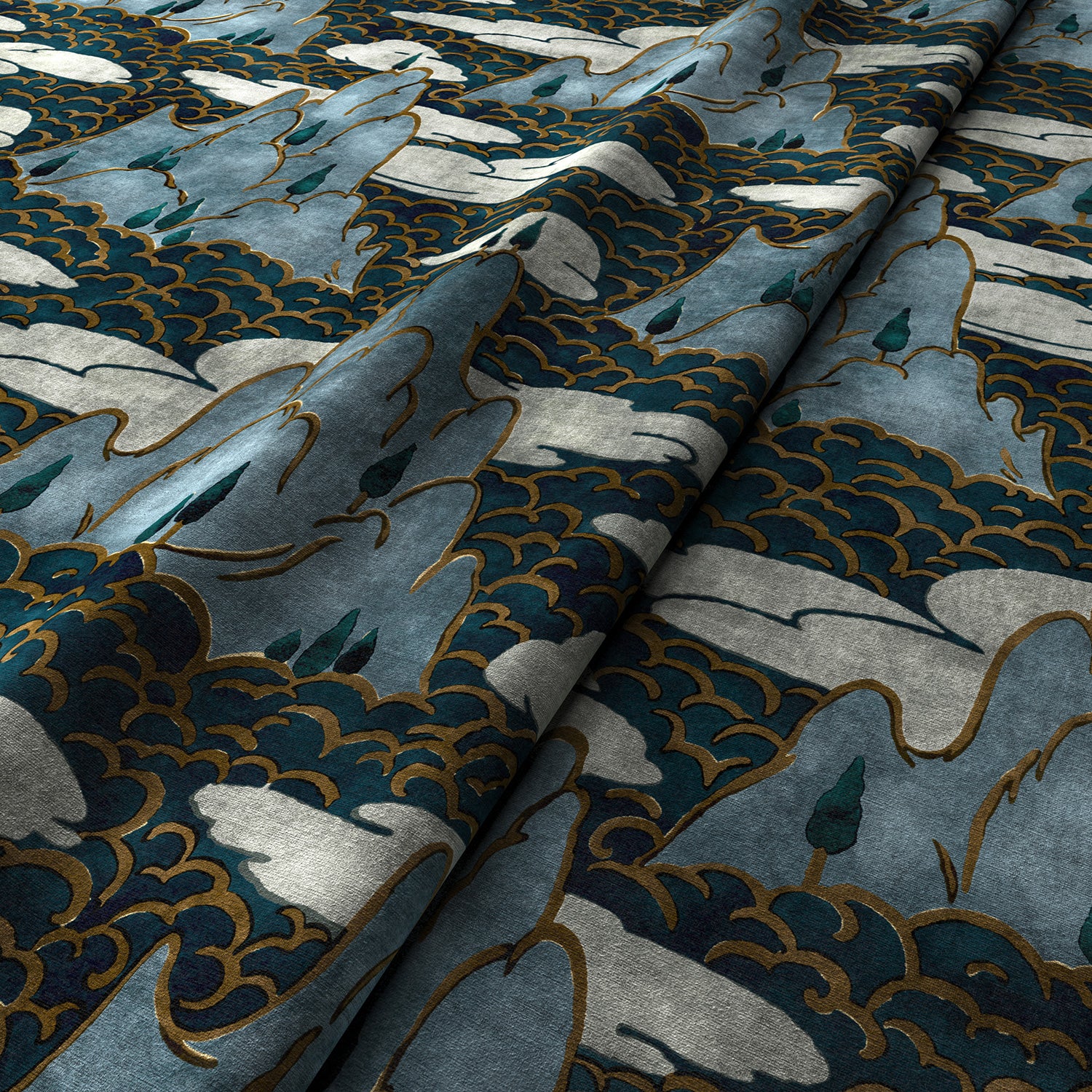 Printed velvet fabric with a scenic landscape oriental design in blue colours, for upholstery and curtain use.