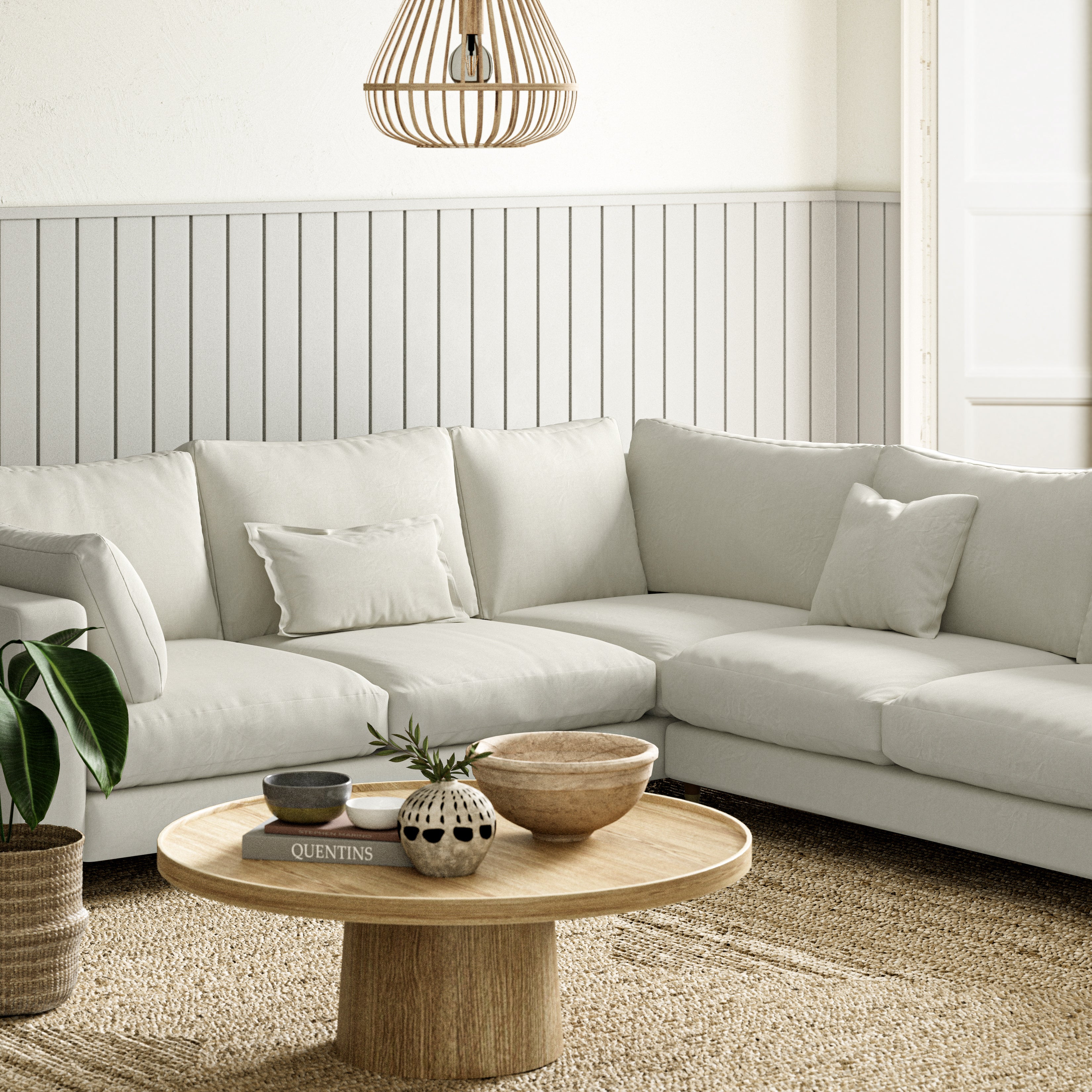 Sofa upholstered in Dove linen fabric