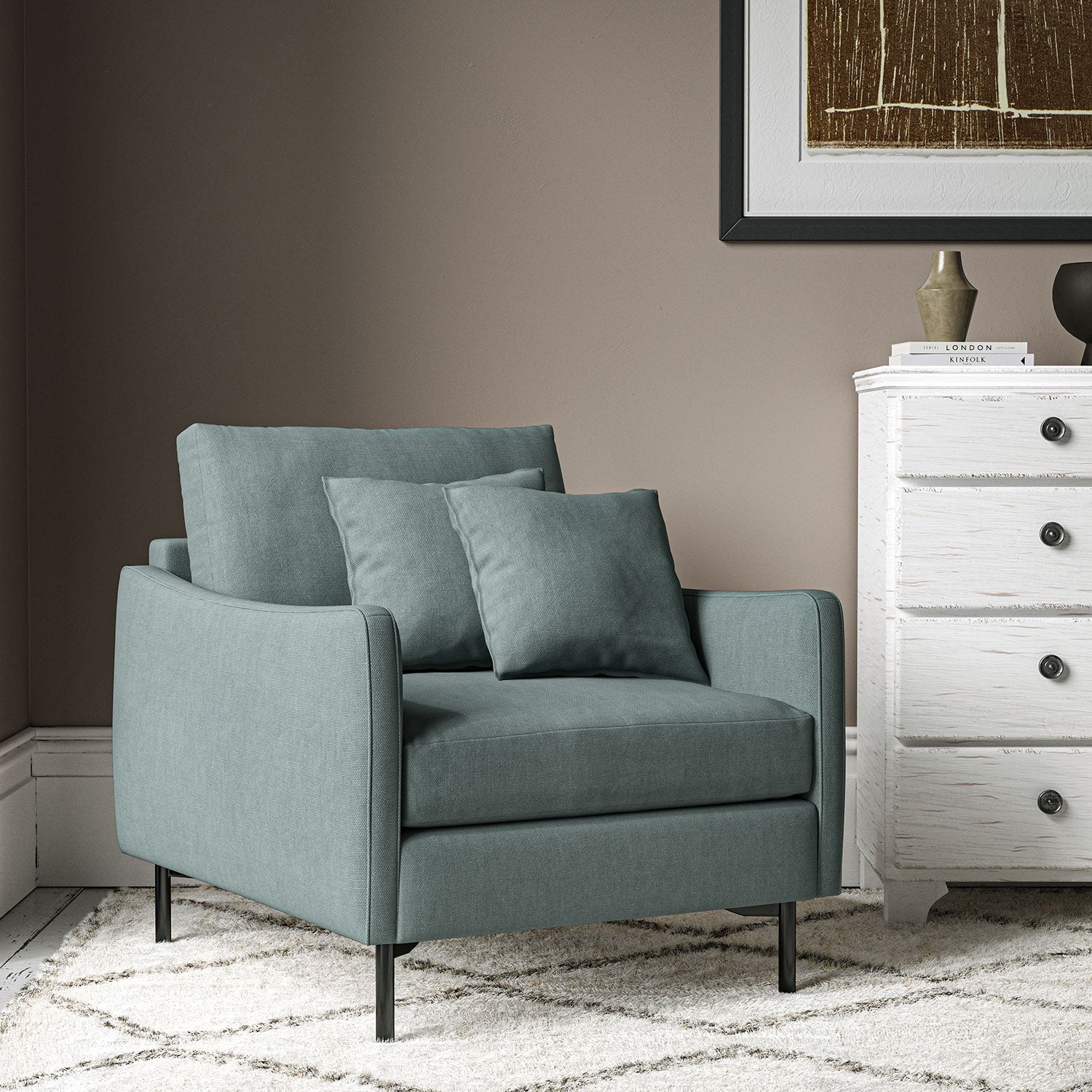 Chair upholstered in Mineral linen fabric
