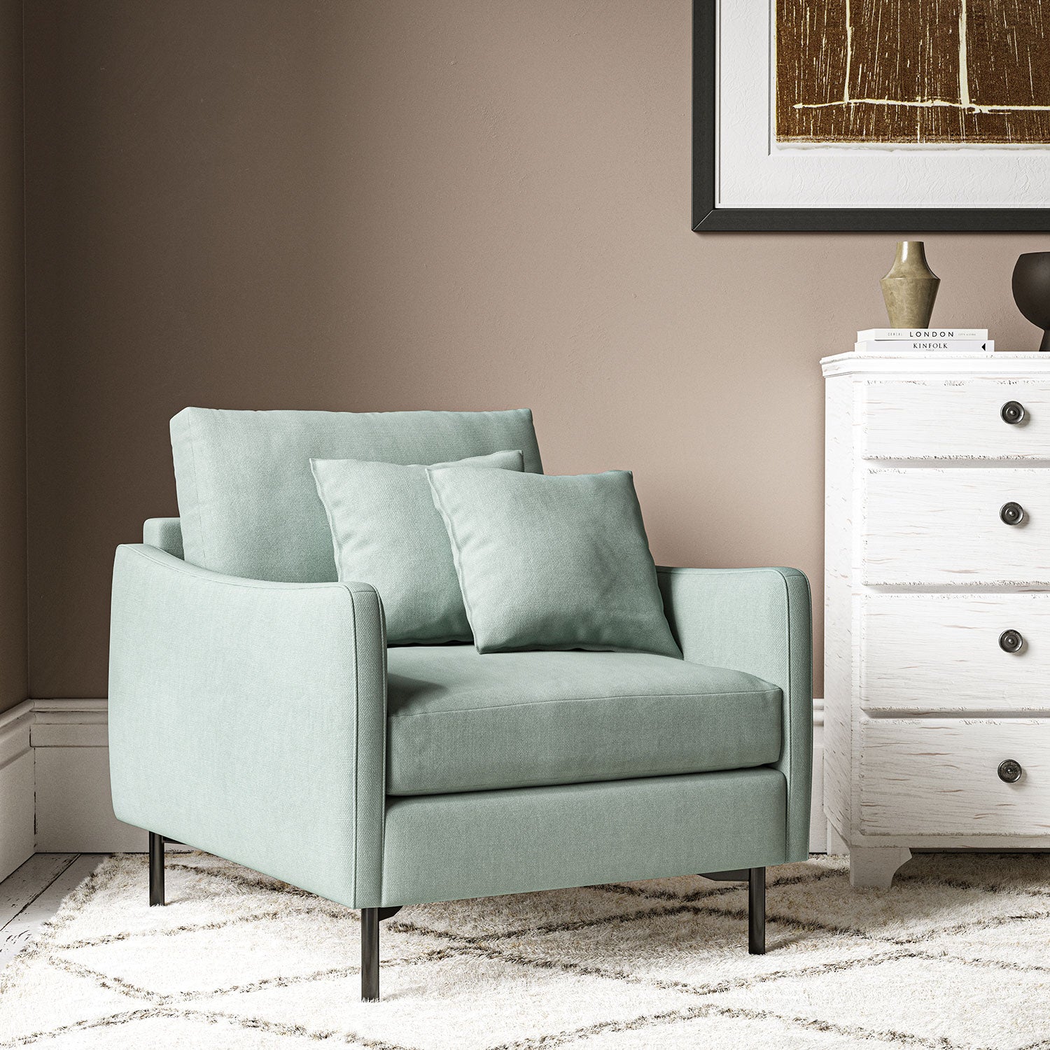 Chair upholstered in Sky linen fabric