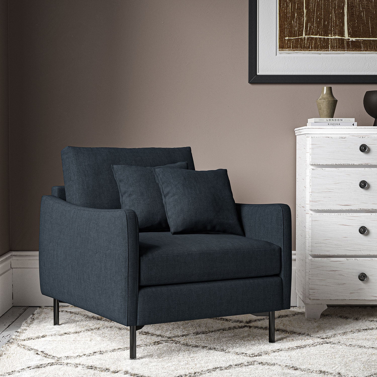 Chair upholstered in Midnight linen fabric