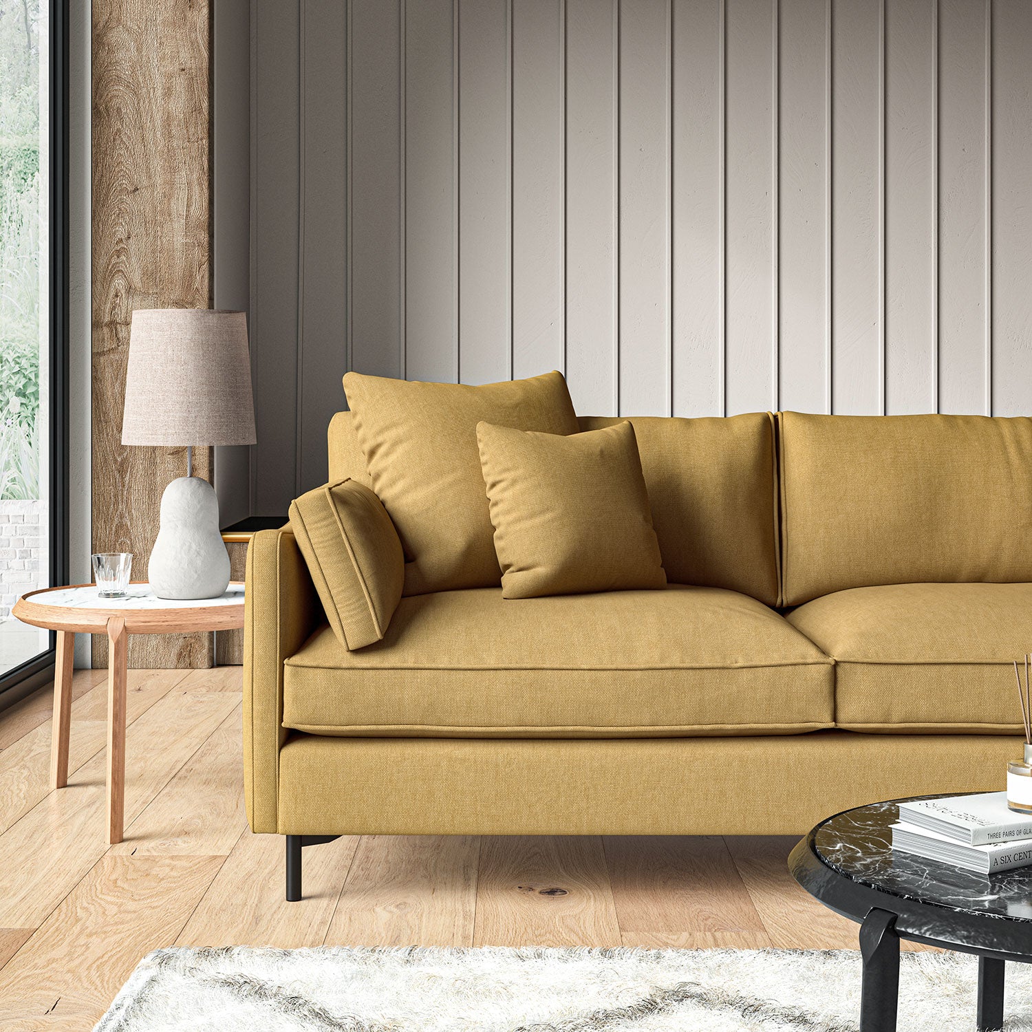 Sofa upholstered in Ochre linen fabric