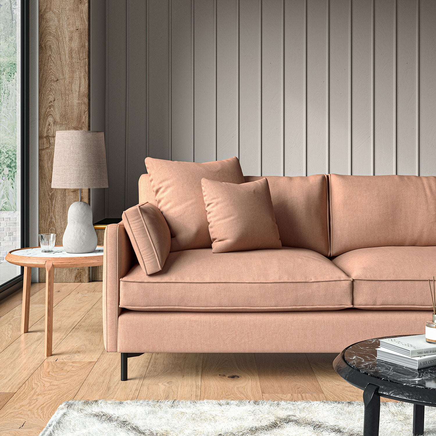 Sofa upholstered in Buff linen fabric
