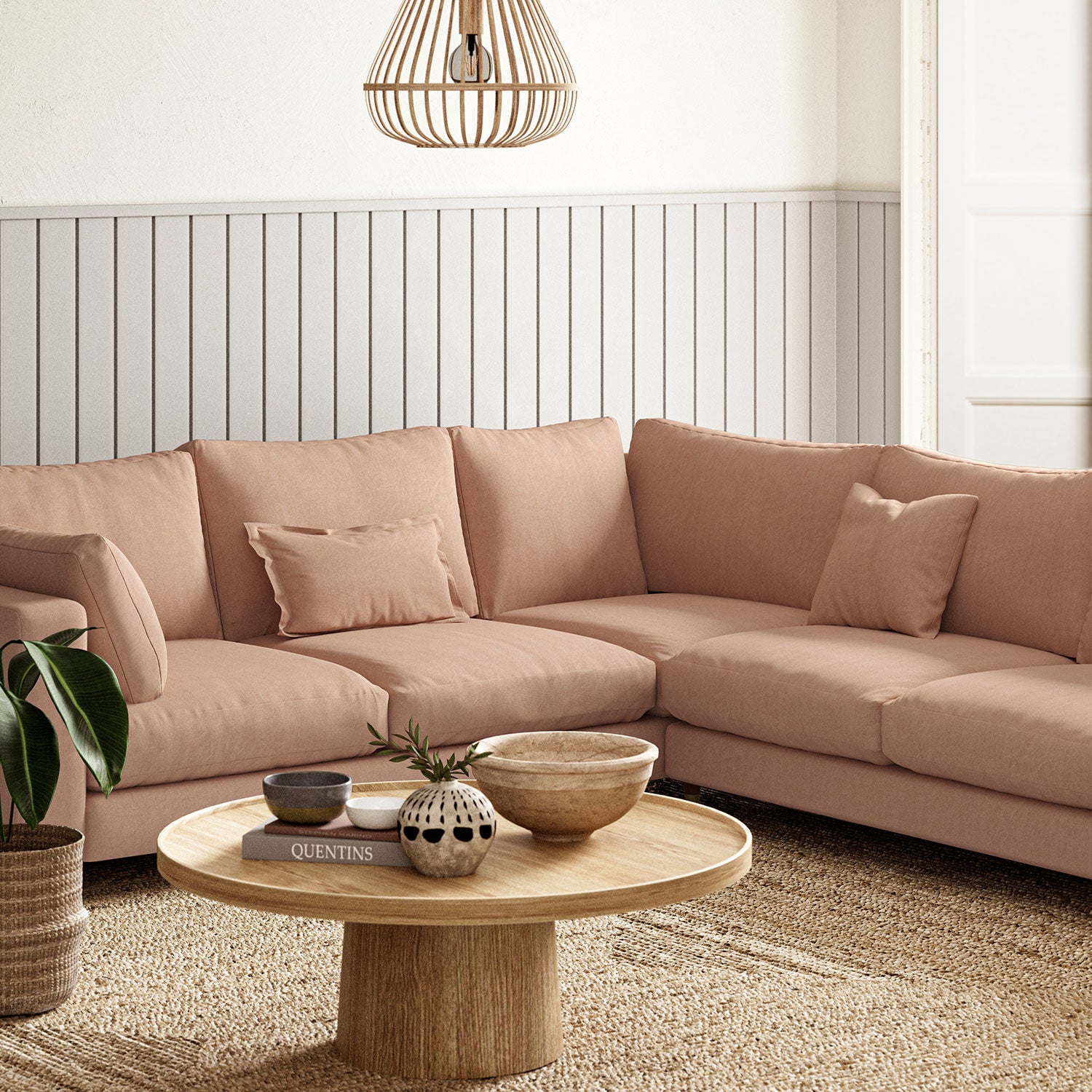 Sofa upholstered in Buff linen fabric
