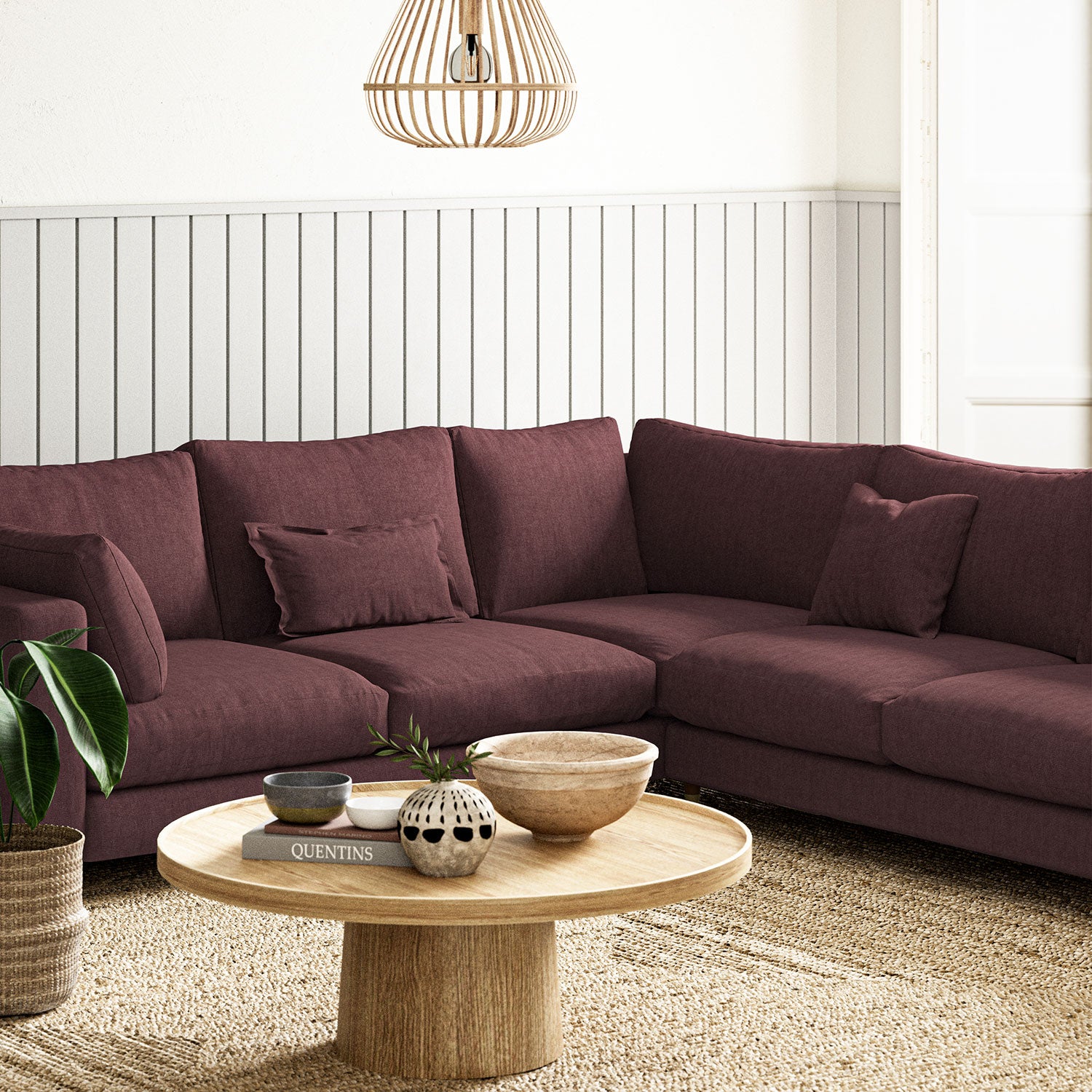 Sofa upholstered in Damson linen fabric