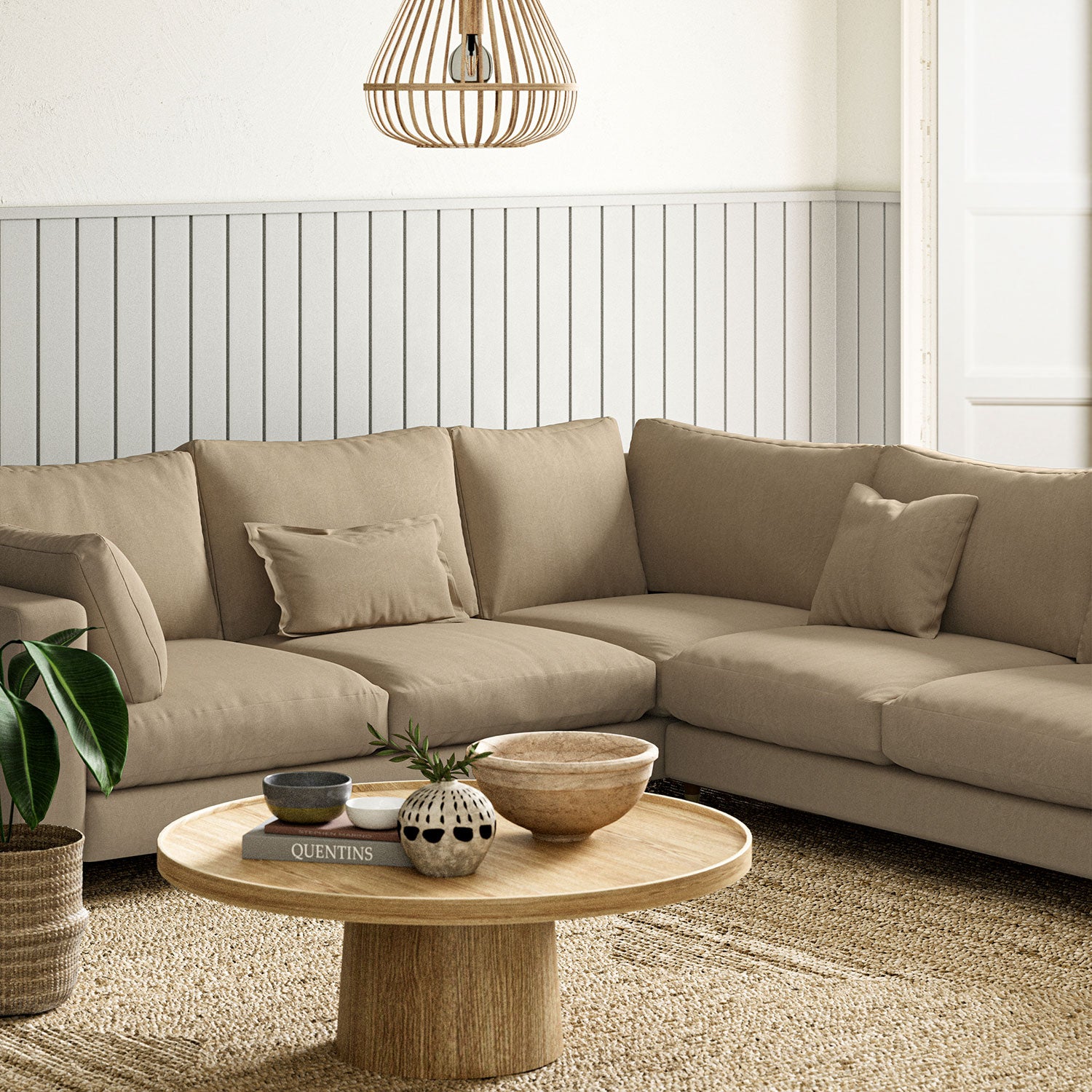 Sofa upholstered in Fudge linen fabric