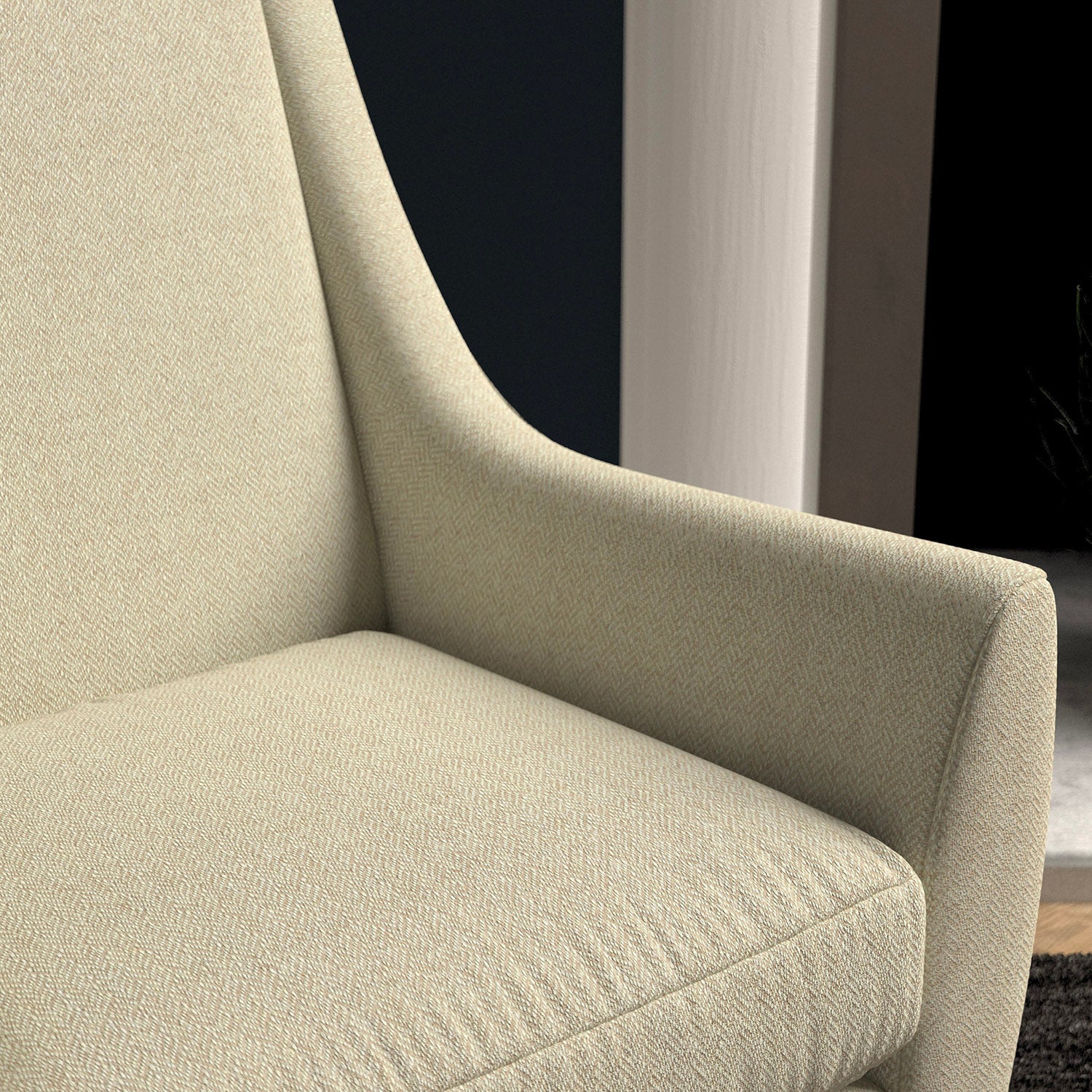 Chair upholstered in a cream herringbone wool weave upholstery fabric