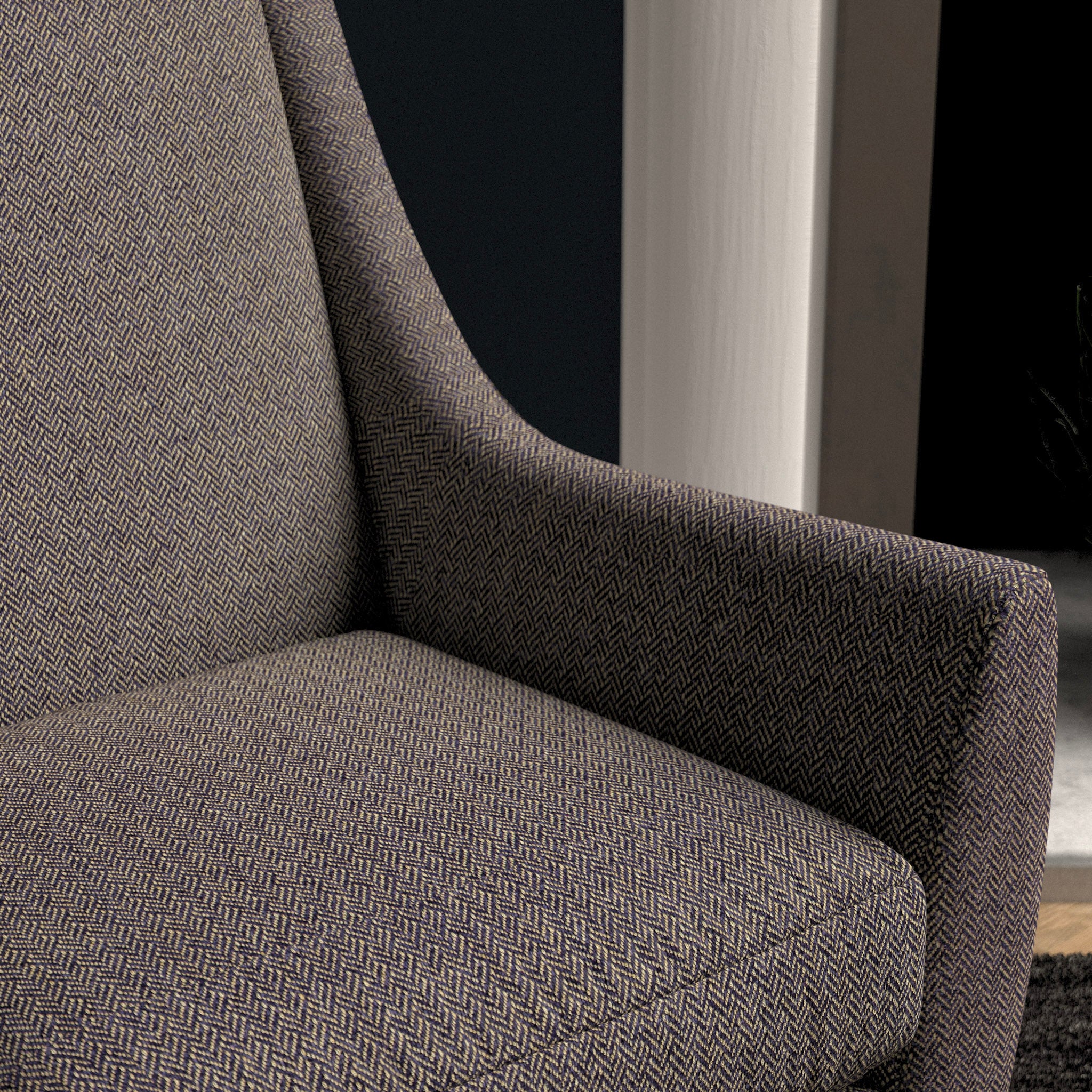 Chair upholstered in a purple herringbone wool weave upholstery fabric