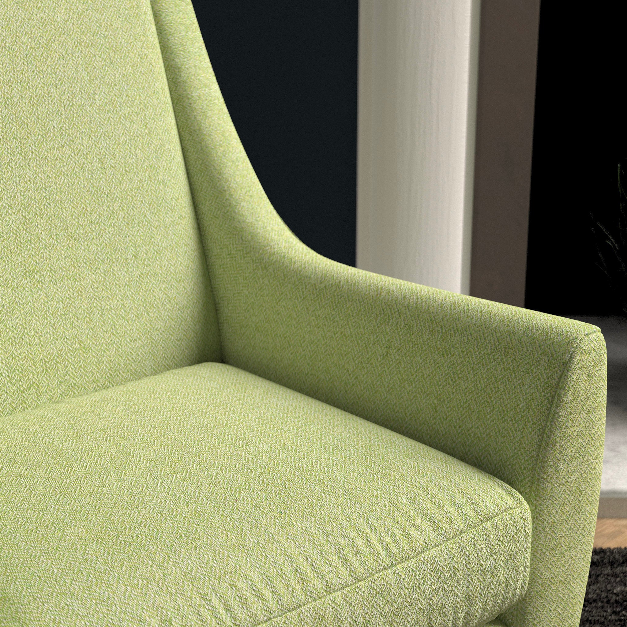 Chair in a lime green herringbone wool upholstery fabric
