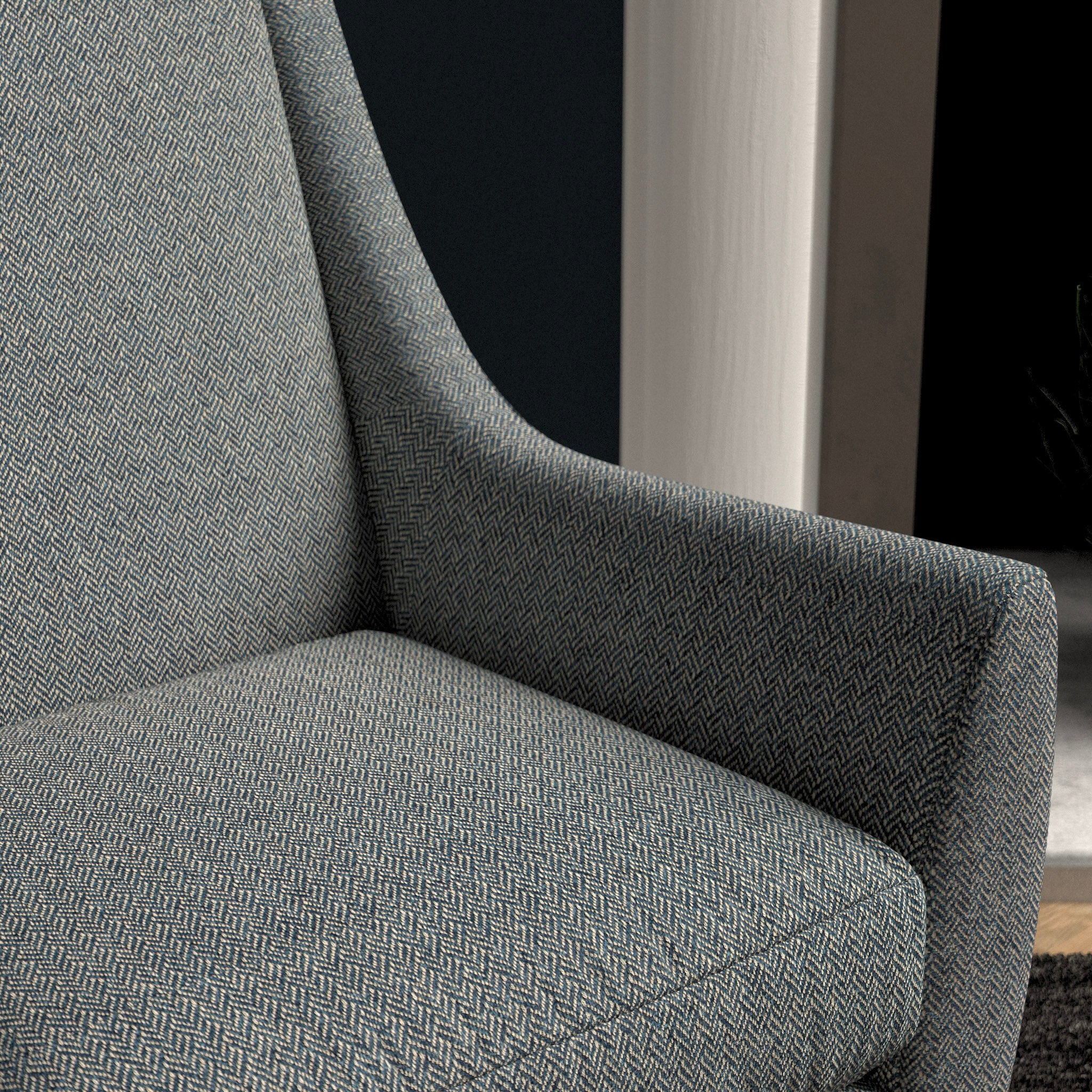 Chair upholstered in a smokey-blue herringbone wool weave upholstery fabric