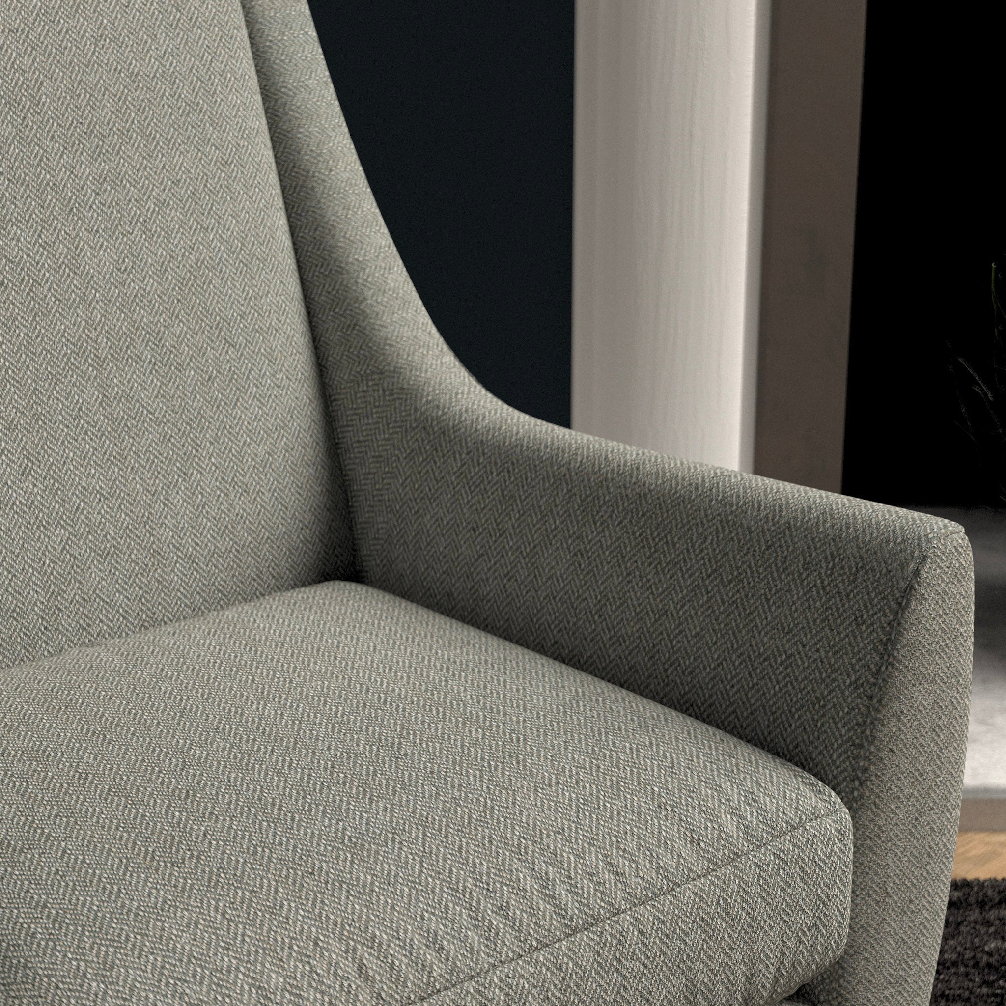 Chair upholstered in a grey herringbone wool weave upholstery fabric
