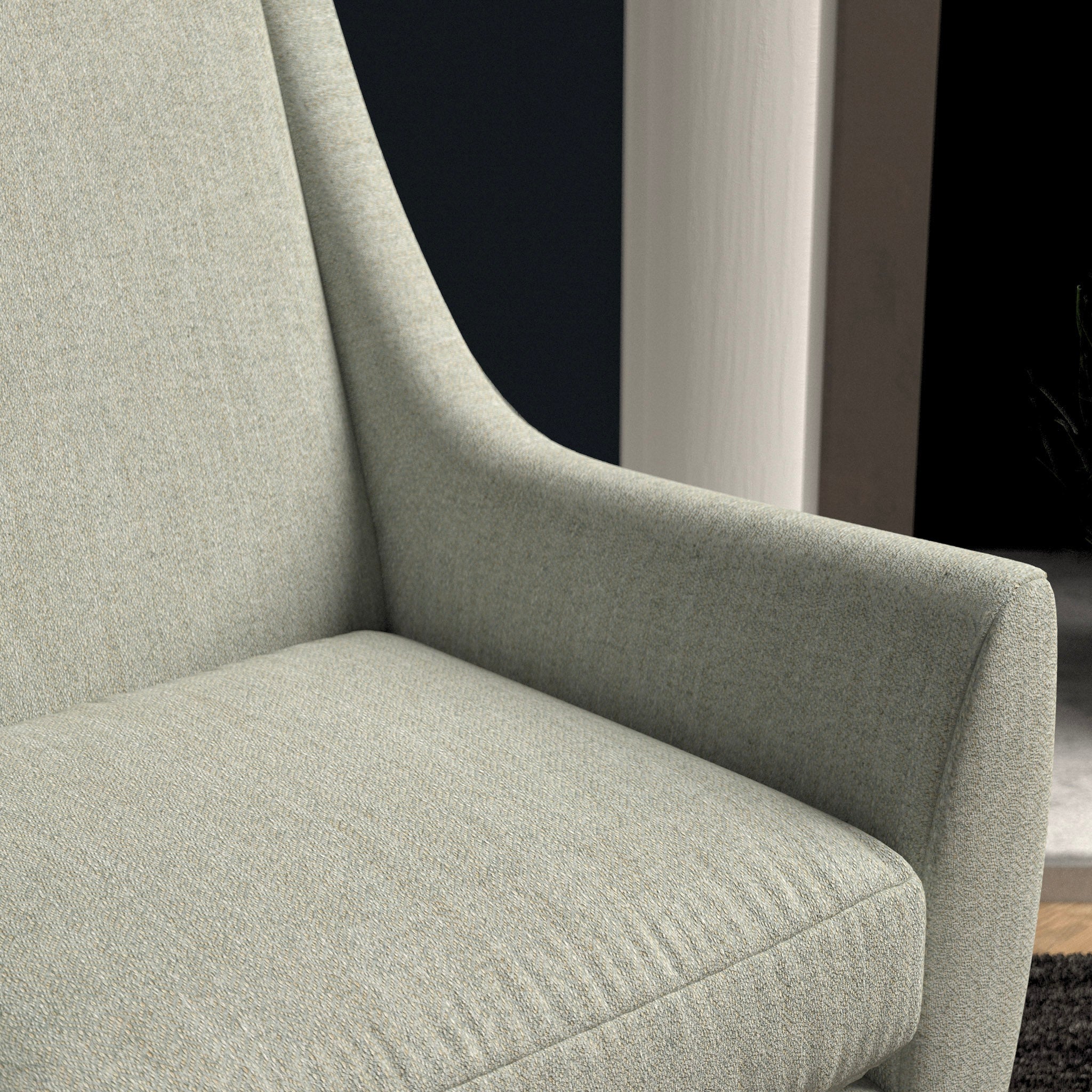 Chair upholstered in a light grey herringbone wool weave upholstery fabric