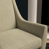Chair upholstered in a light neutral herringbone wool weave upholstery fabric