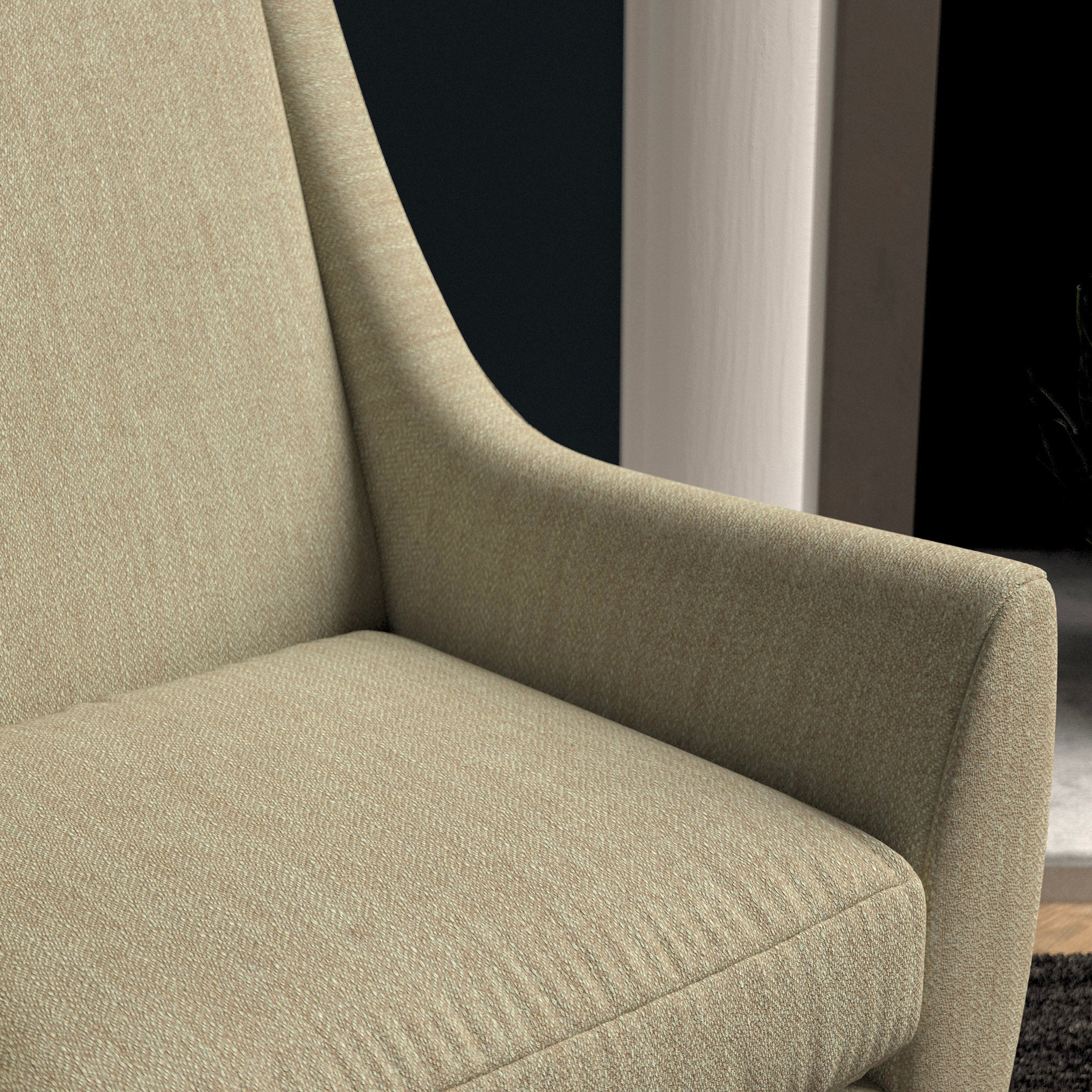 Chair upholstered in a light neutral herringbone wool weave upholstery fabric