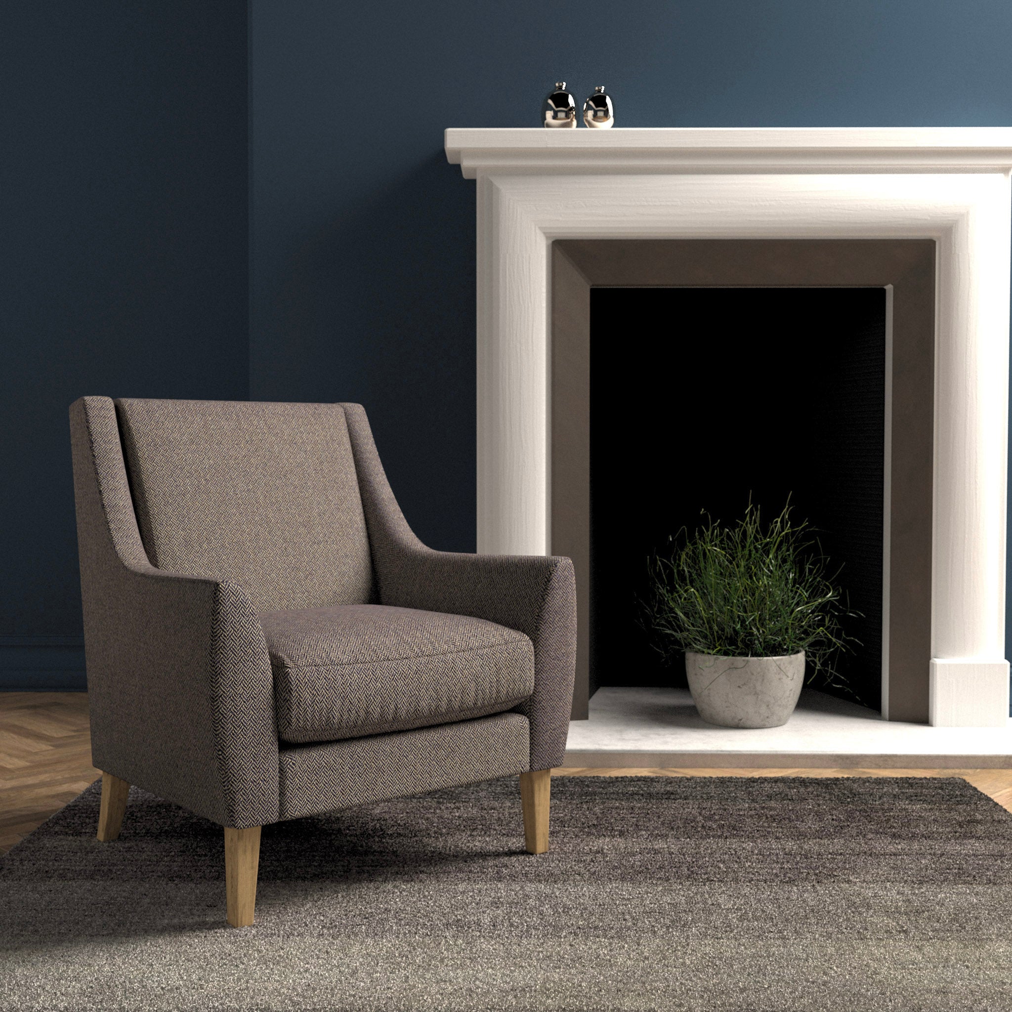 Chair in a purple herringbone wool upholstery fabric