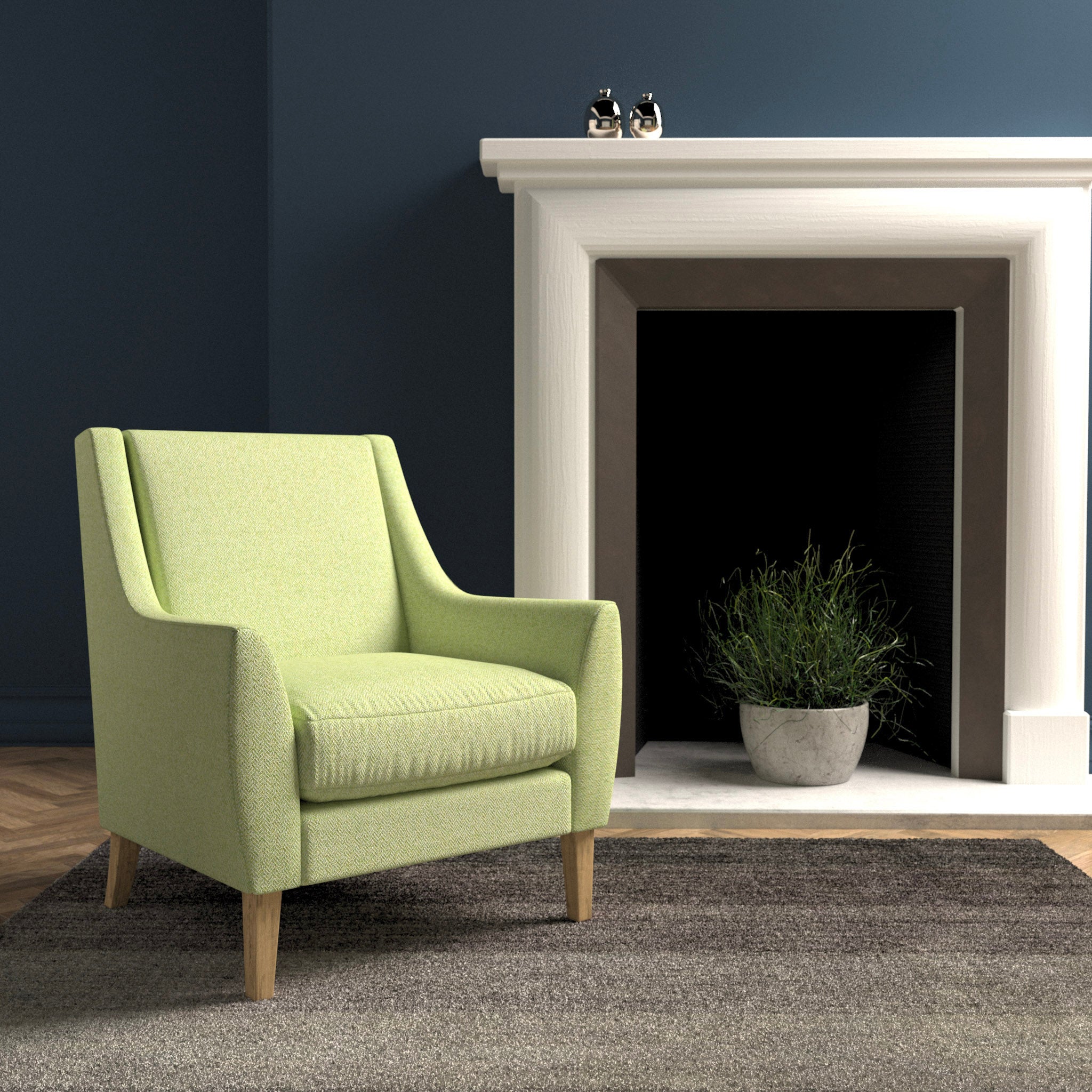 Chair in a lime green herringbone wool upholstery fabric