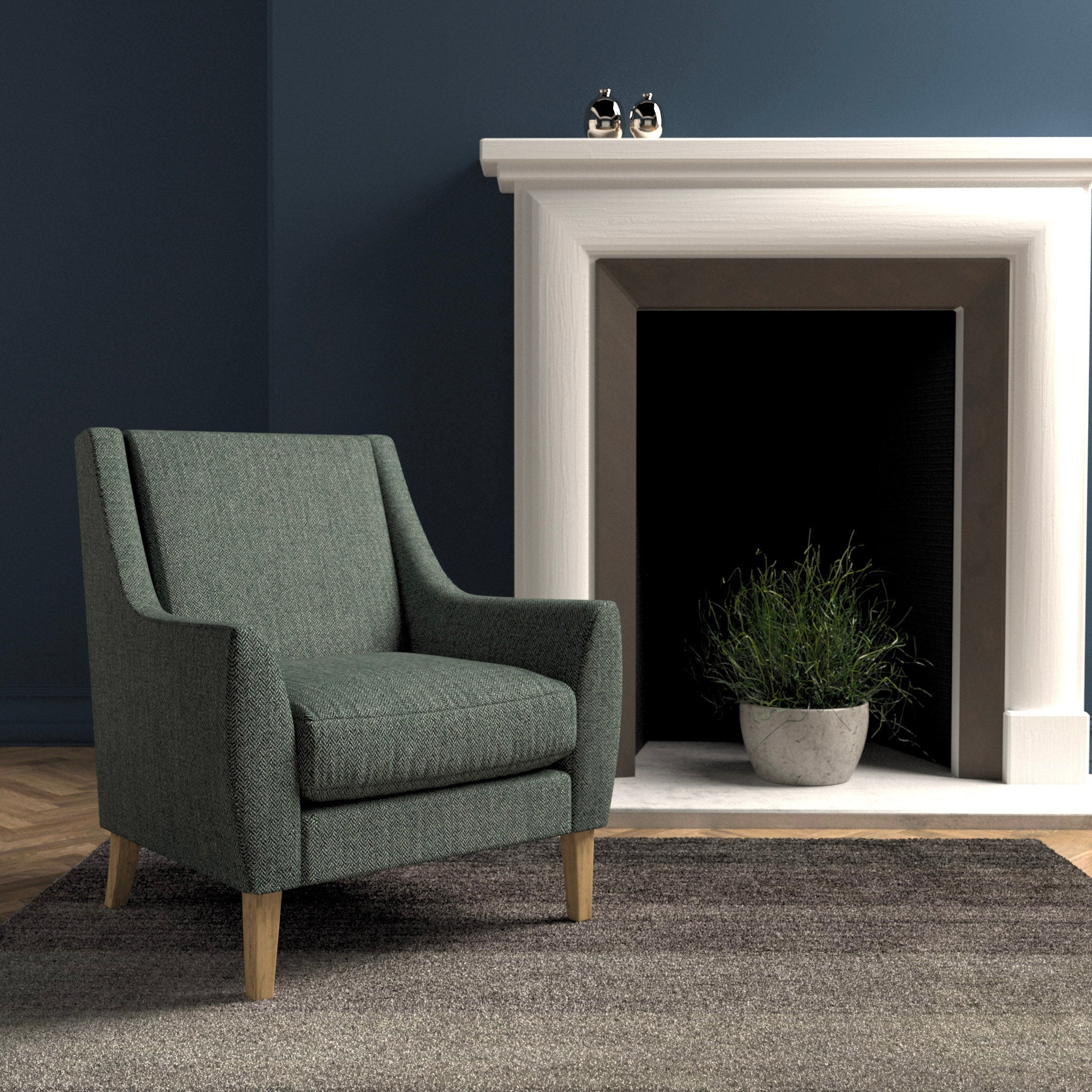 Chair in a dark blue herringbone wool upholstery fabric