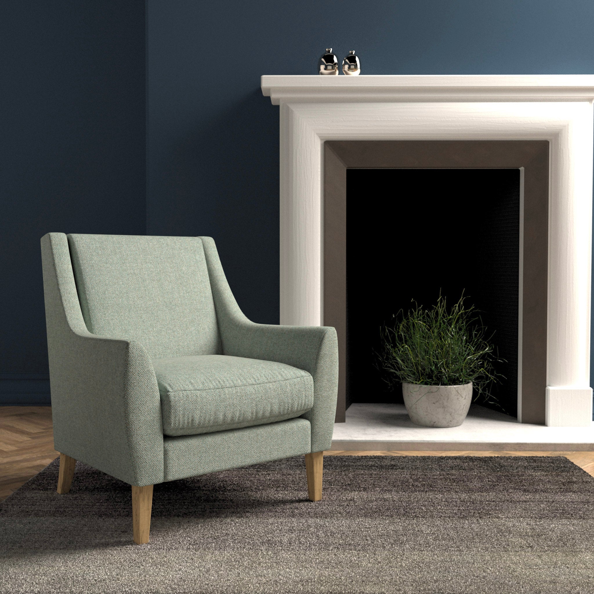 Chair in a light aqua herringbone wool upholstery fabric