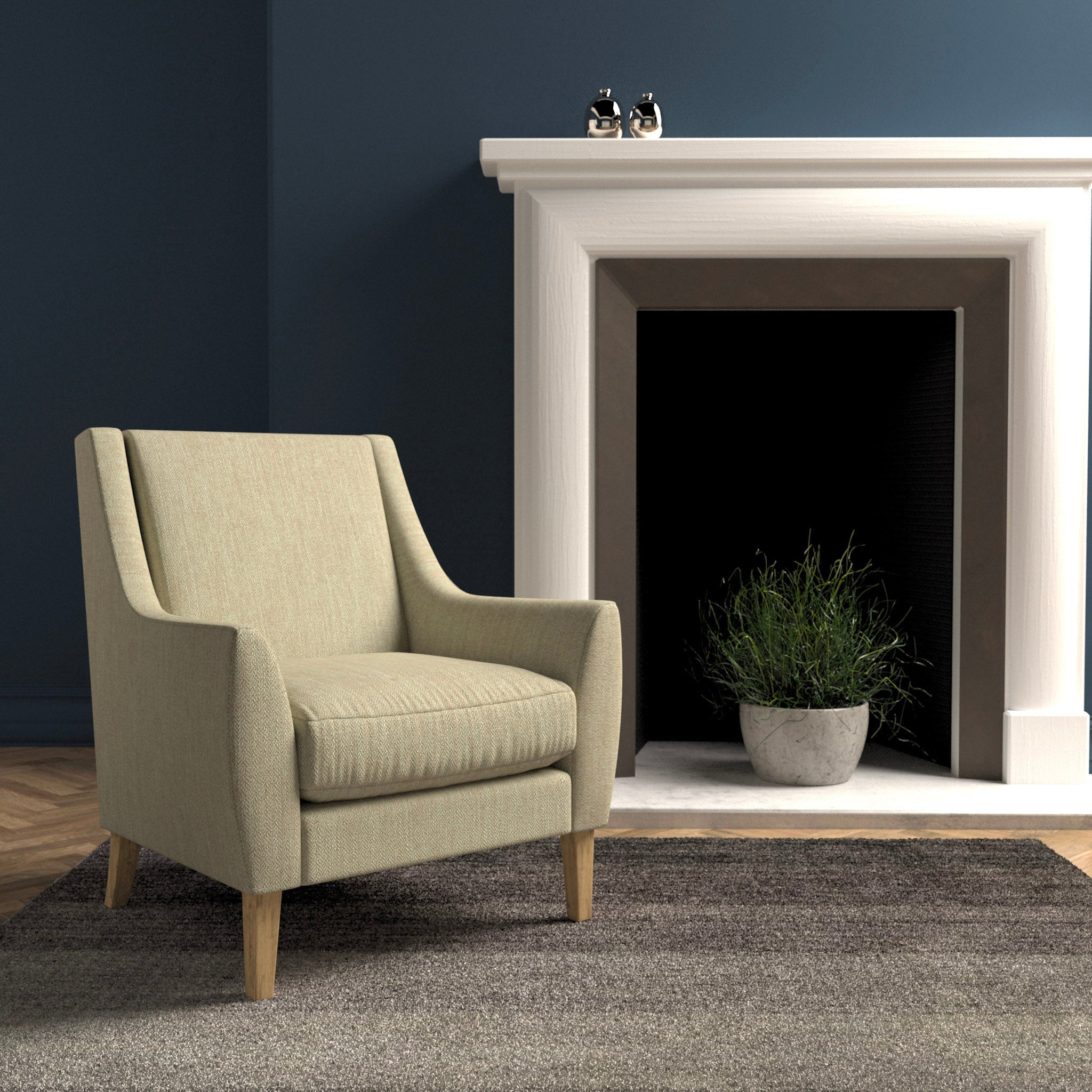 Chair in a light neutral herringbone wool upholstery fabric