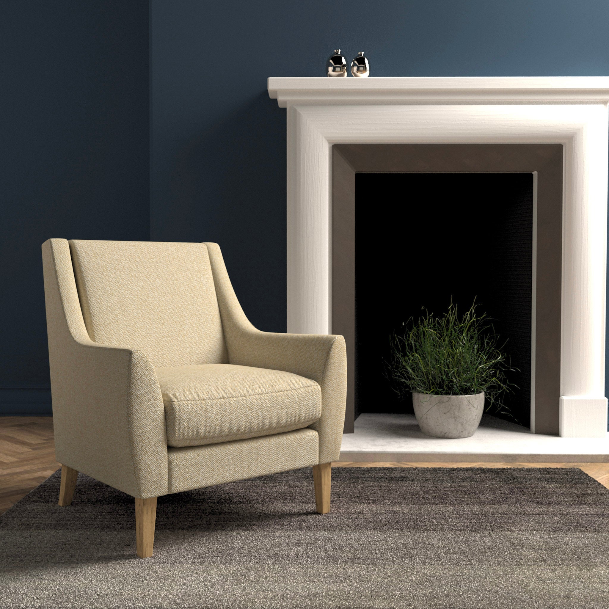 Chair in a sand coloured herringbone wool upholstery fabric