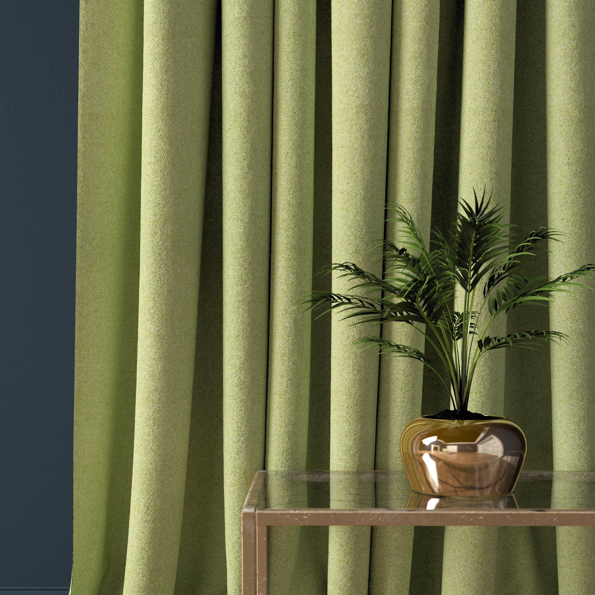 Curtain in a lime green herringbone wool fabric