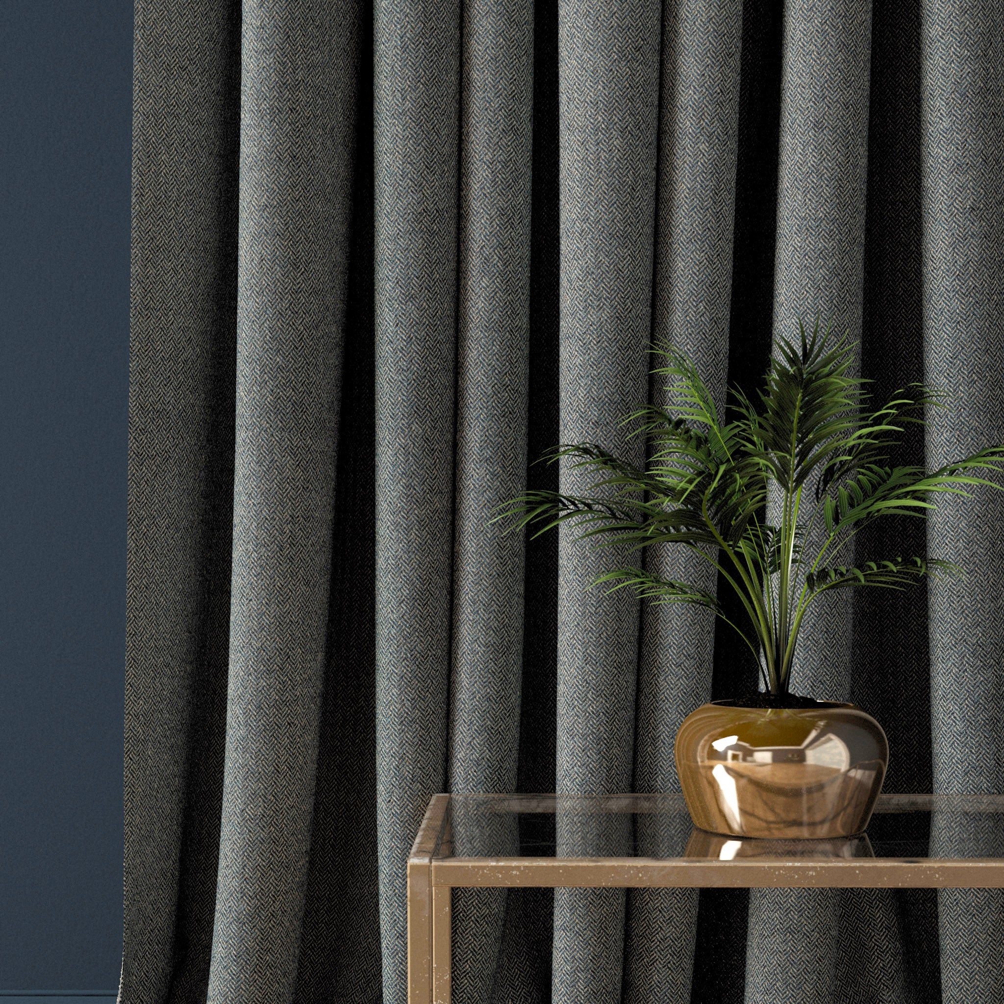 Curtain in a smokey blue herringbone wool fabric