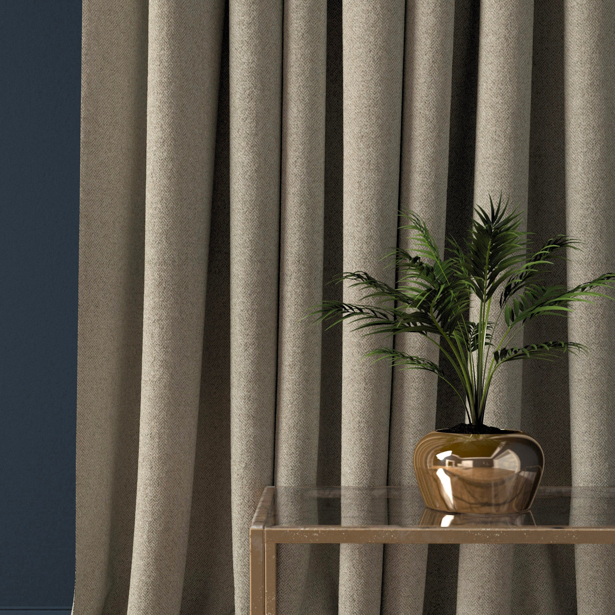 Curtain in a light neutral herringbone wool fabric