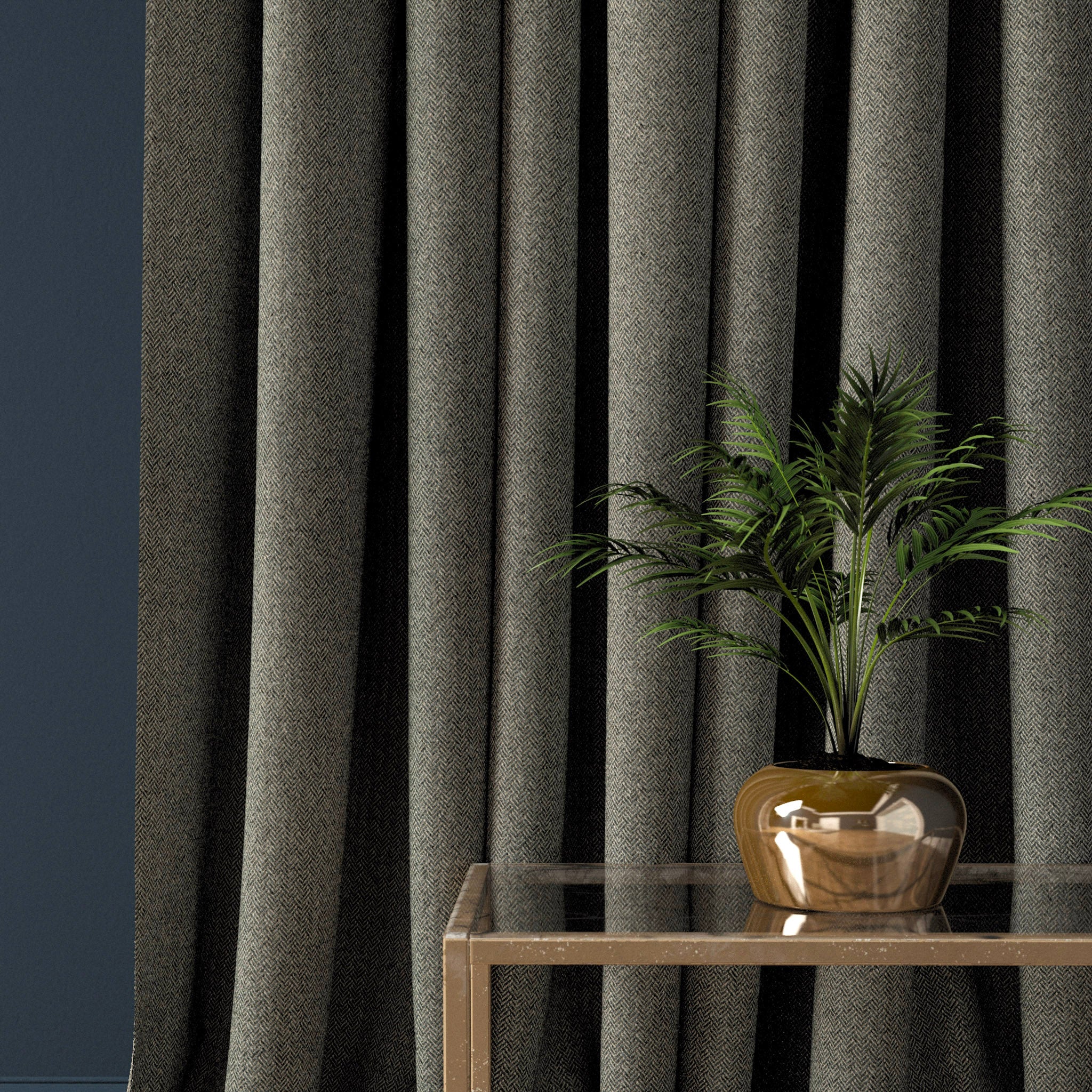 Curtain in a charcoal grey herringbone wool fabric