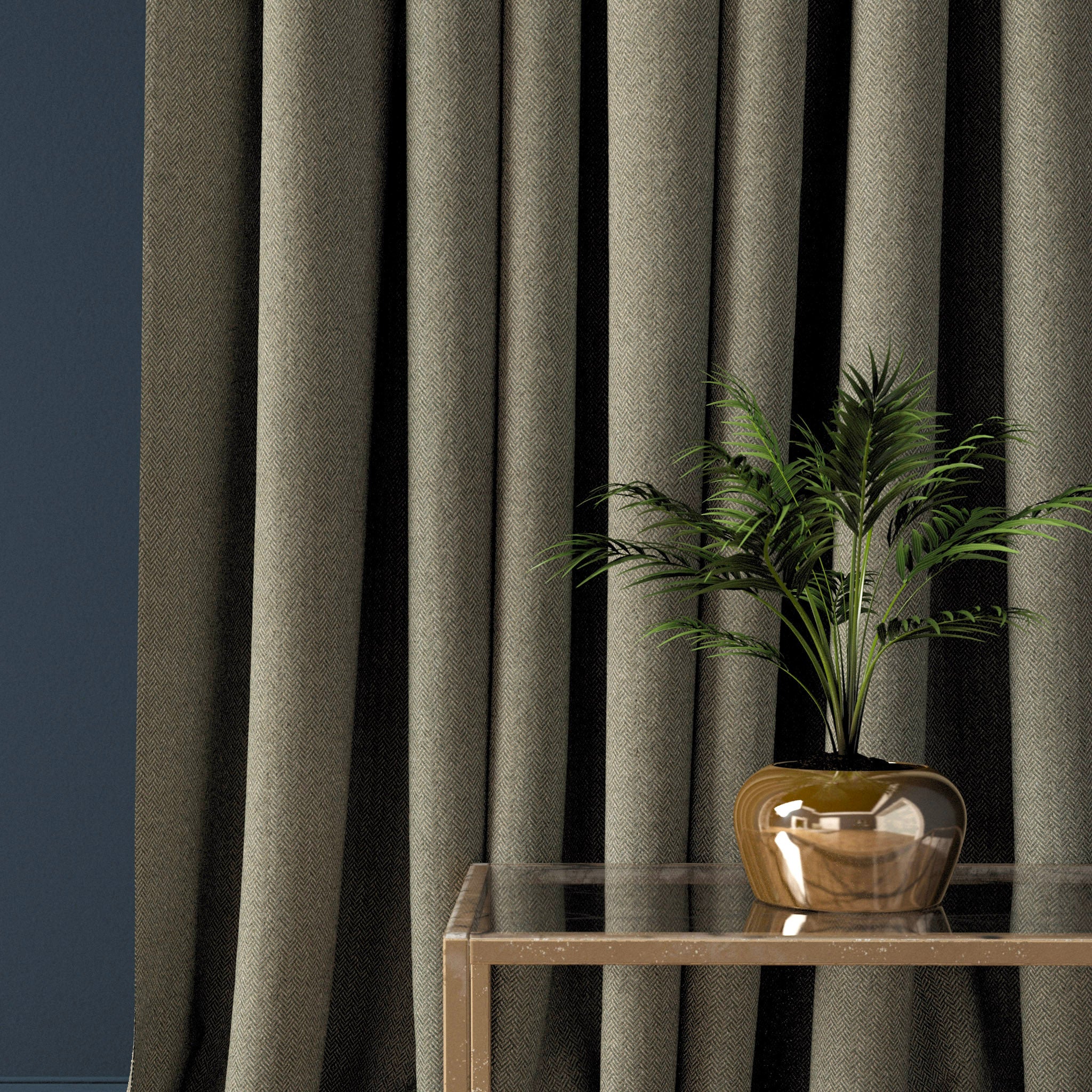 Curtain in a brown-grey herringbone wool fabric