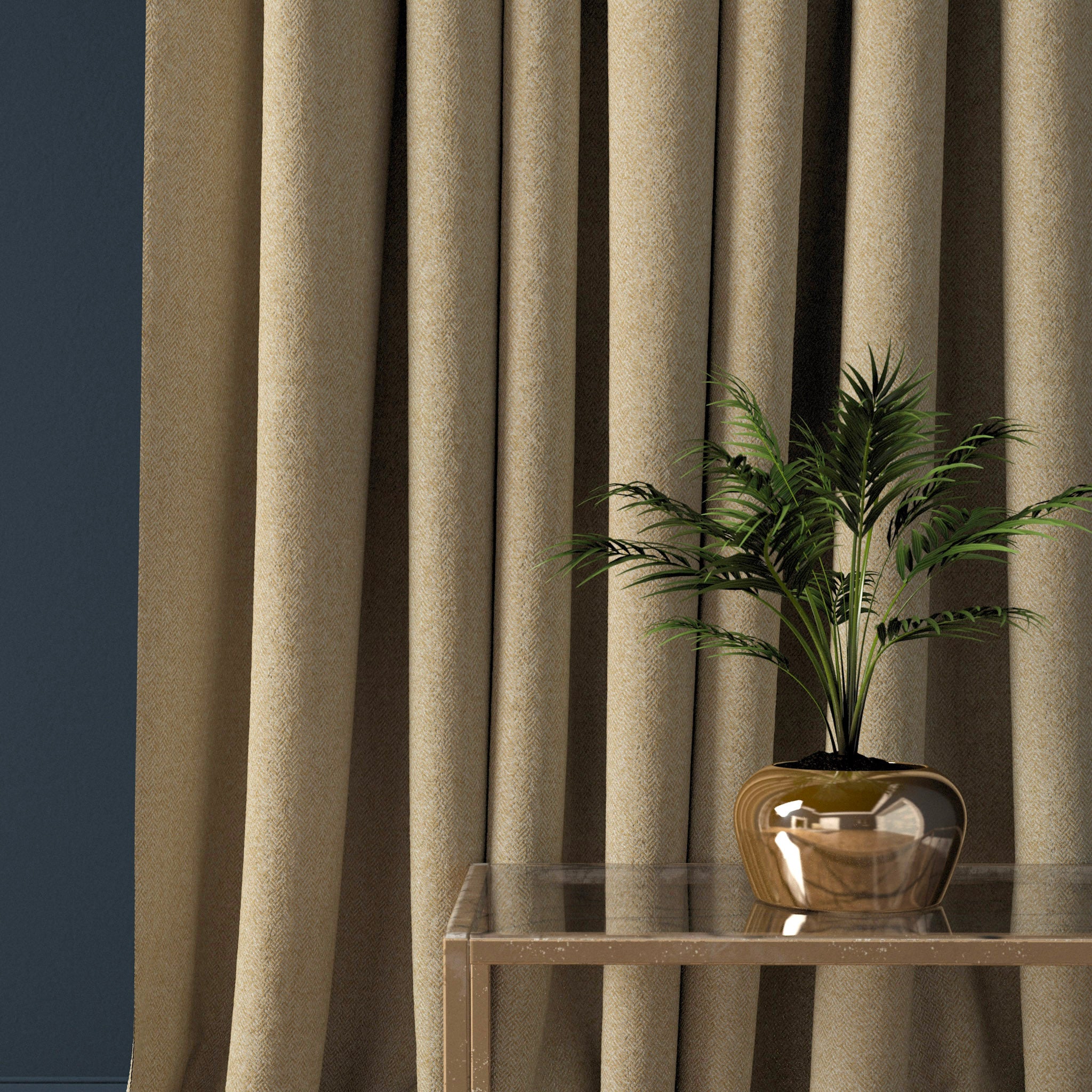 Curtain in a sand coloured herringbone wool fabric