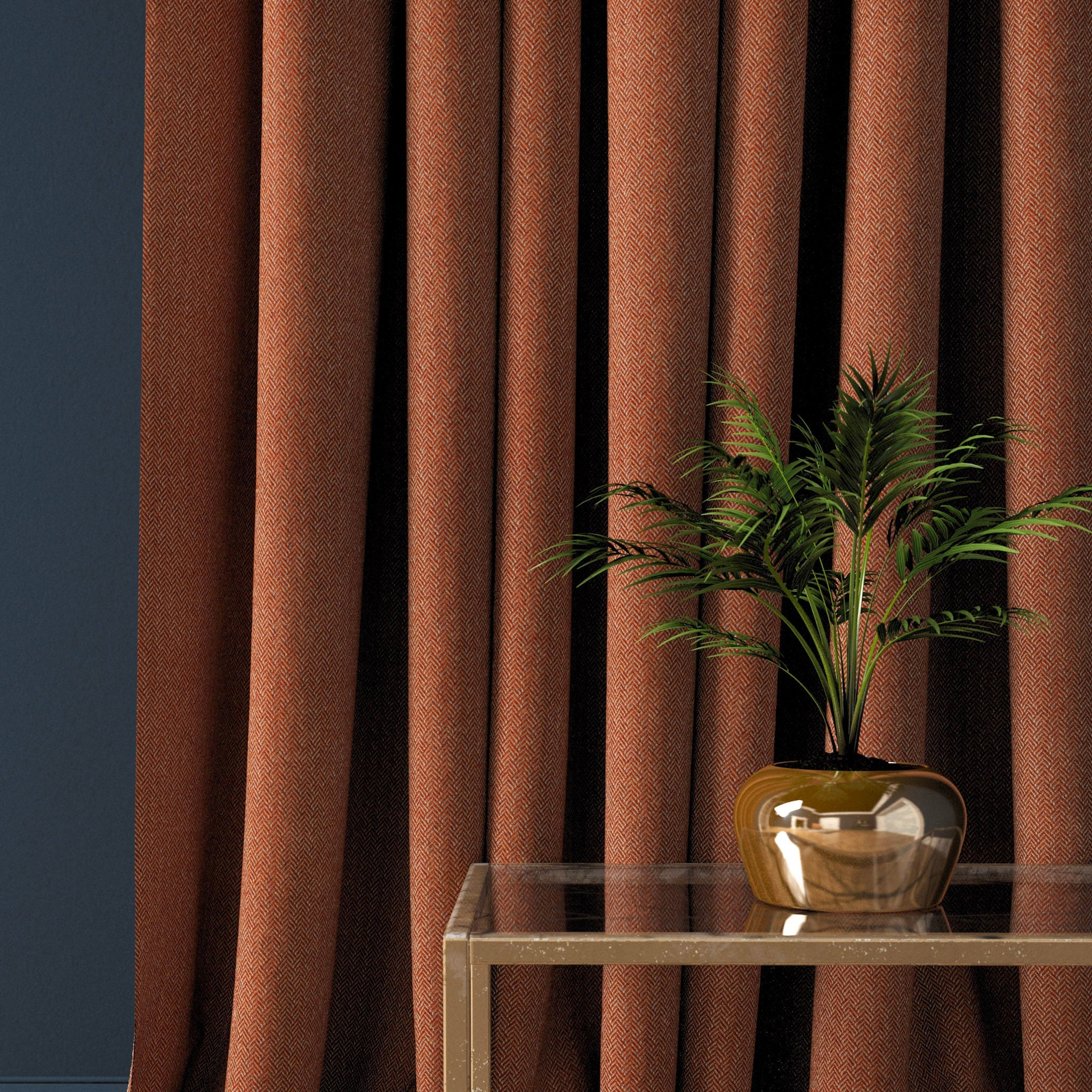 Curtain in a orange herringbone wool fabric