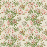 Printed linen fabric with floral pattern in white, green and pinks for linen curtains, blinds and upholstery.