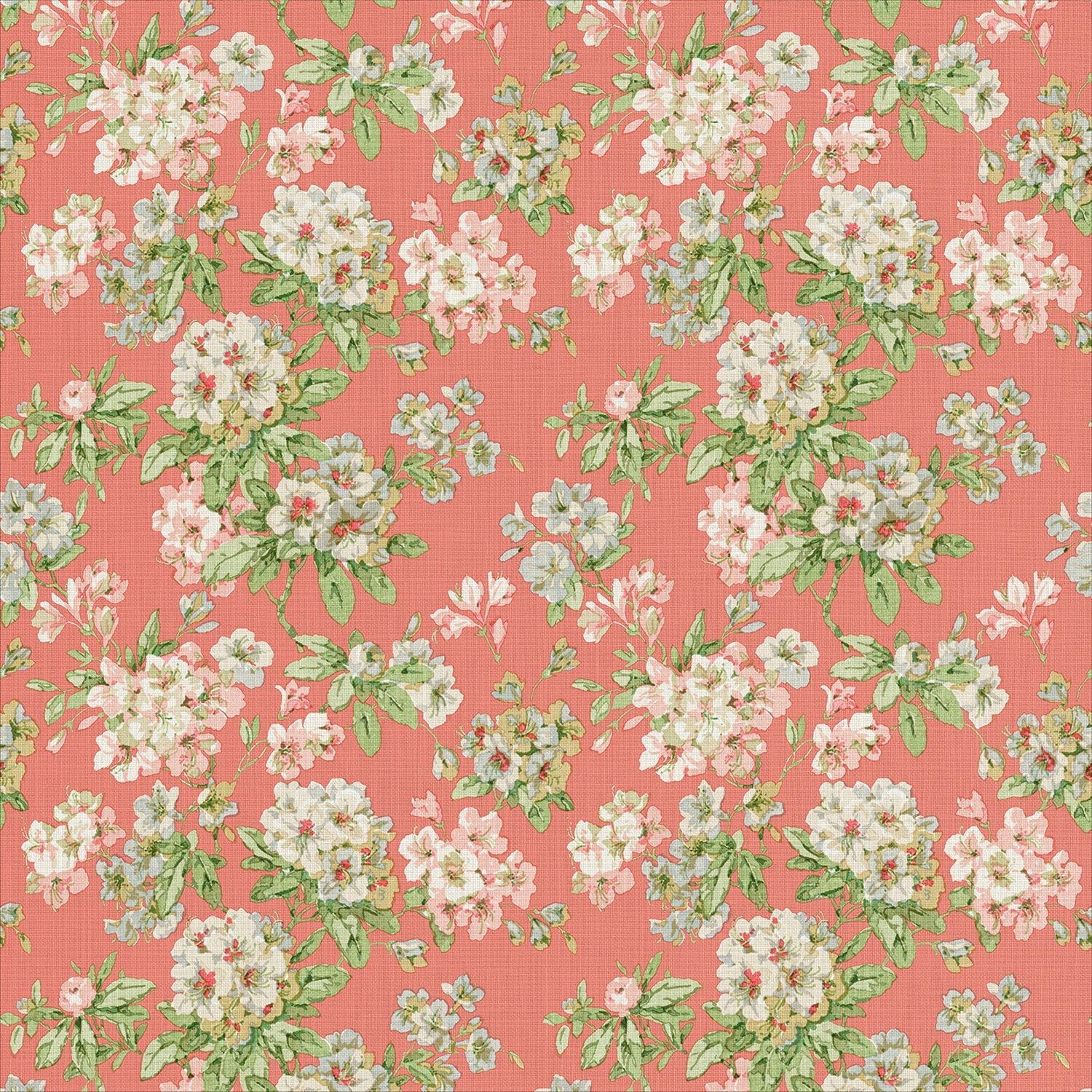 Printed linen fabric with floral pattern in pink, green and white colours for linen curtains, blinds and upholstery.