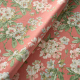 Printed linen fabric with floral pattern in pink, green and white colours for linen curtains, blinds and upholstery.