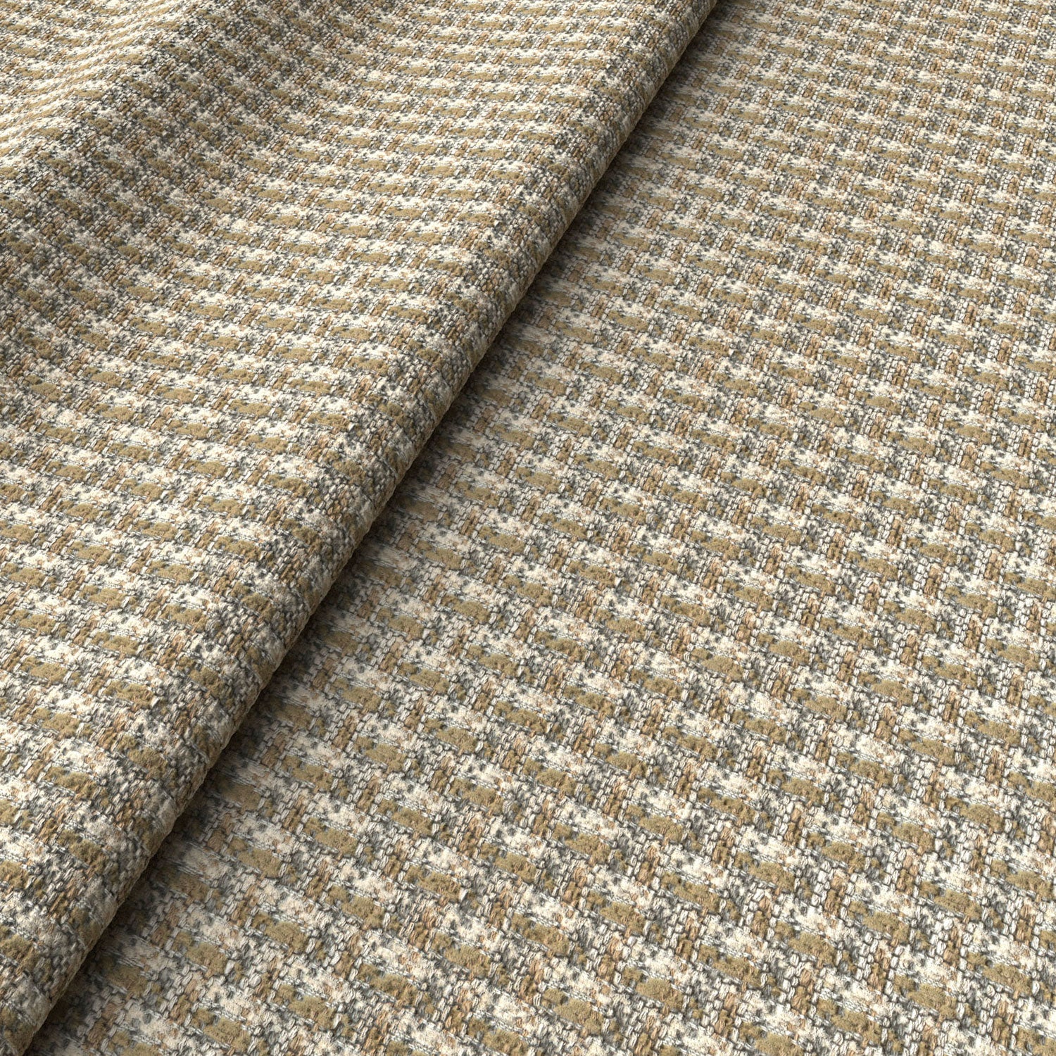 Printed linen fabric with textural weave pattern in beige colours for upholstery.