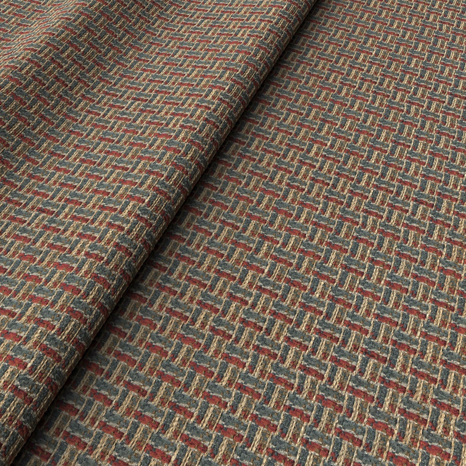 Printed linen fabric with textural weave pattern in red, blue and yellow colours for upholstery.