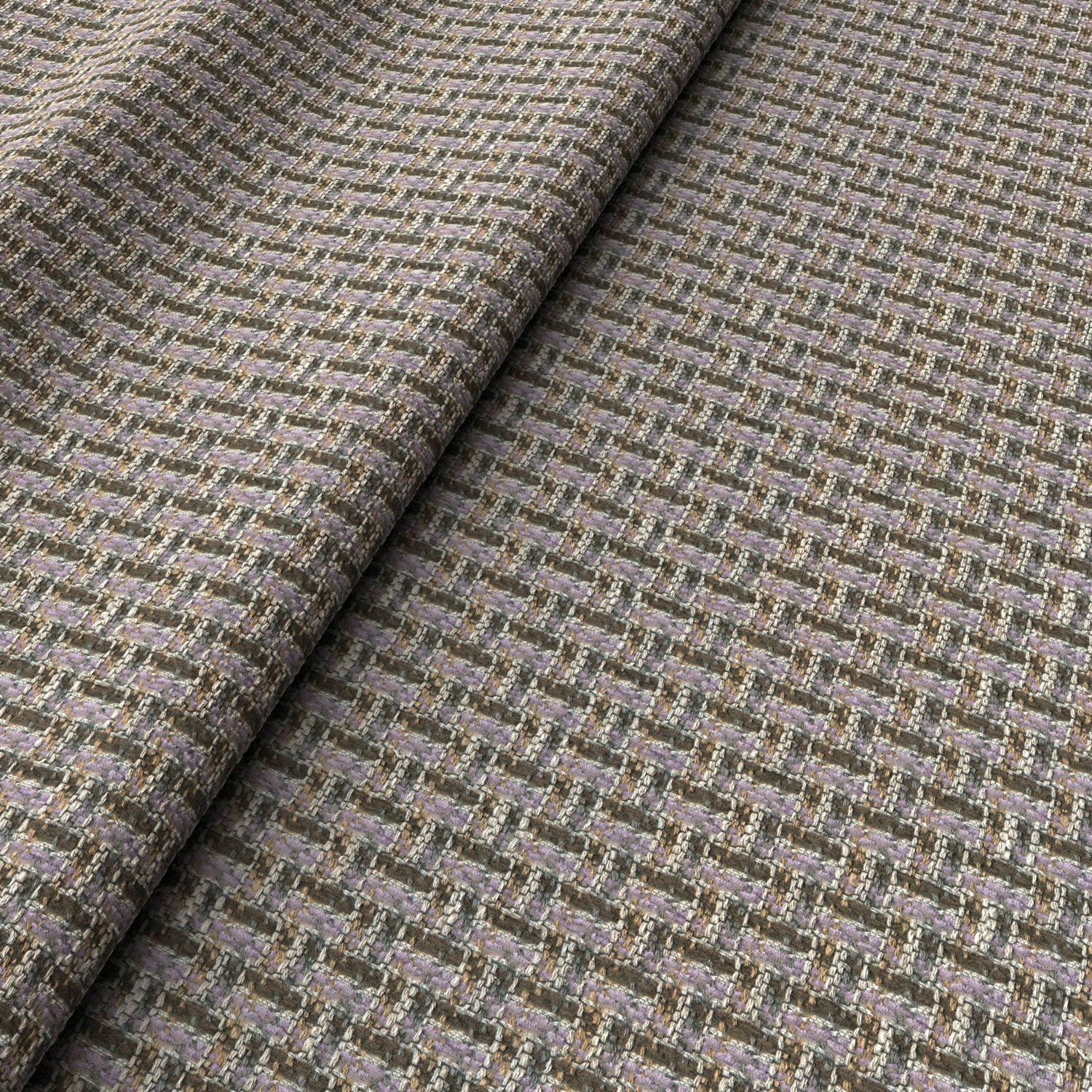 Printed linen fabric with textural weave pattern in green and pink colours for upholstery.