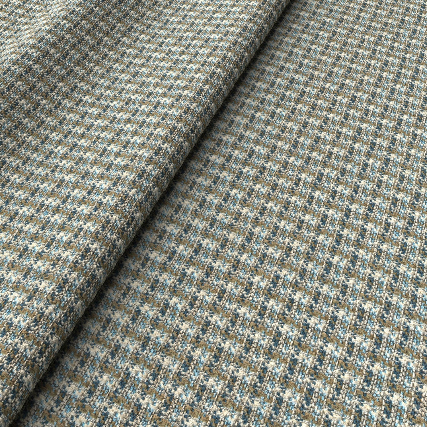 Printed linen fabric with textural weave pattern in brown and blue colours for upholstery.