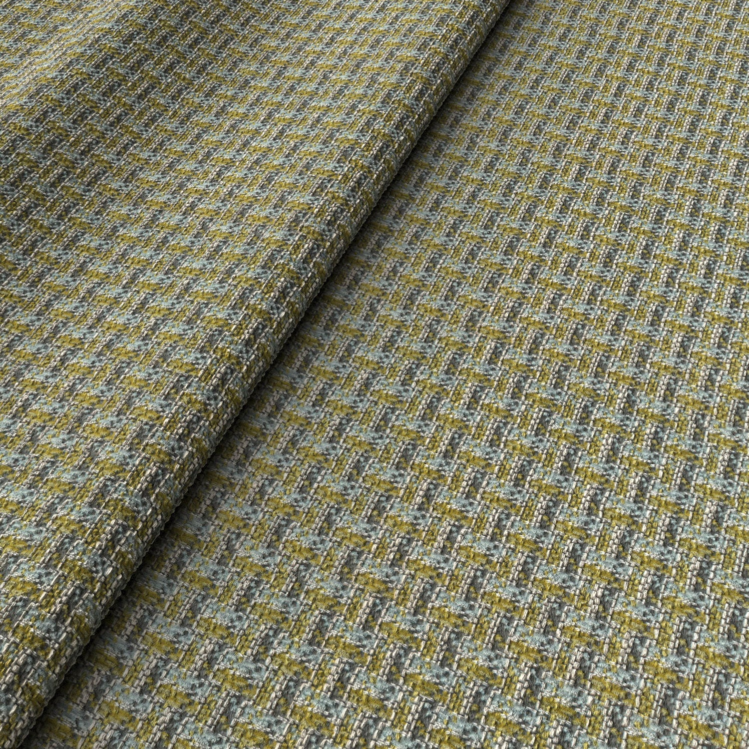 Printed linen fabric with textural weave pattern in yellow and blue colours for upholstery.