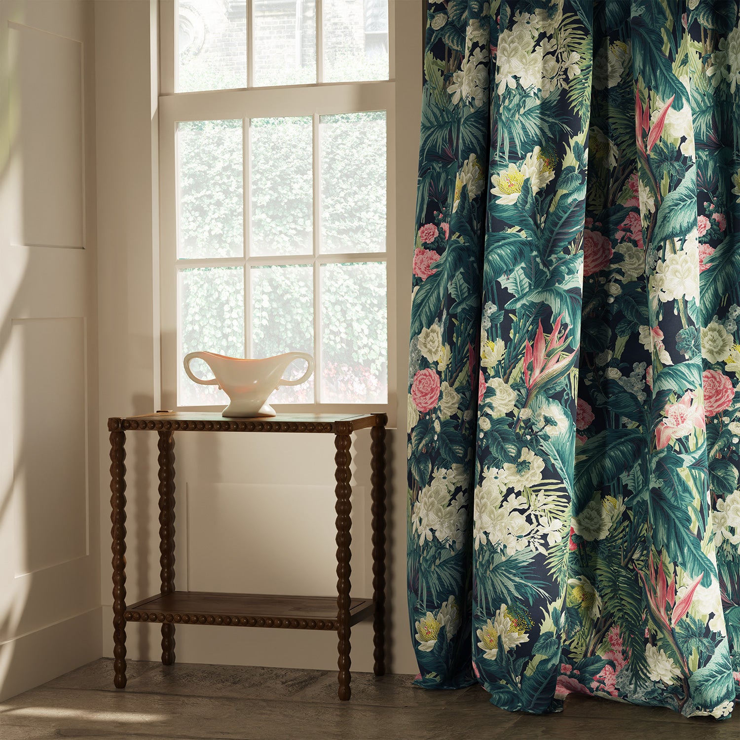 Curtain in a tropical floral linen fabric  Edit alt text