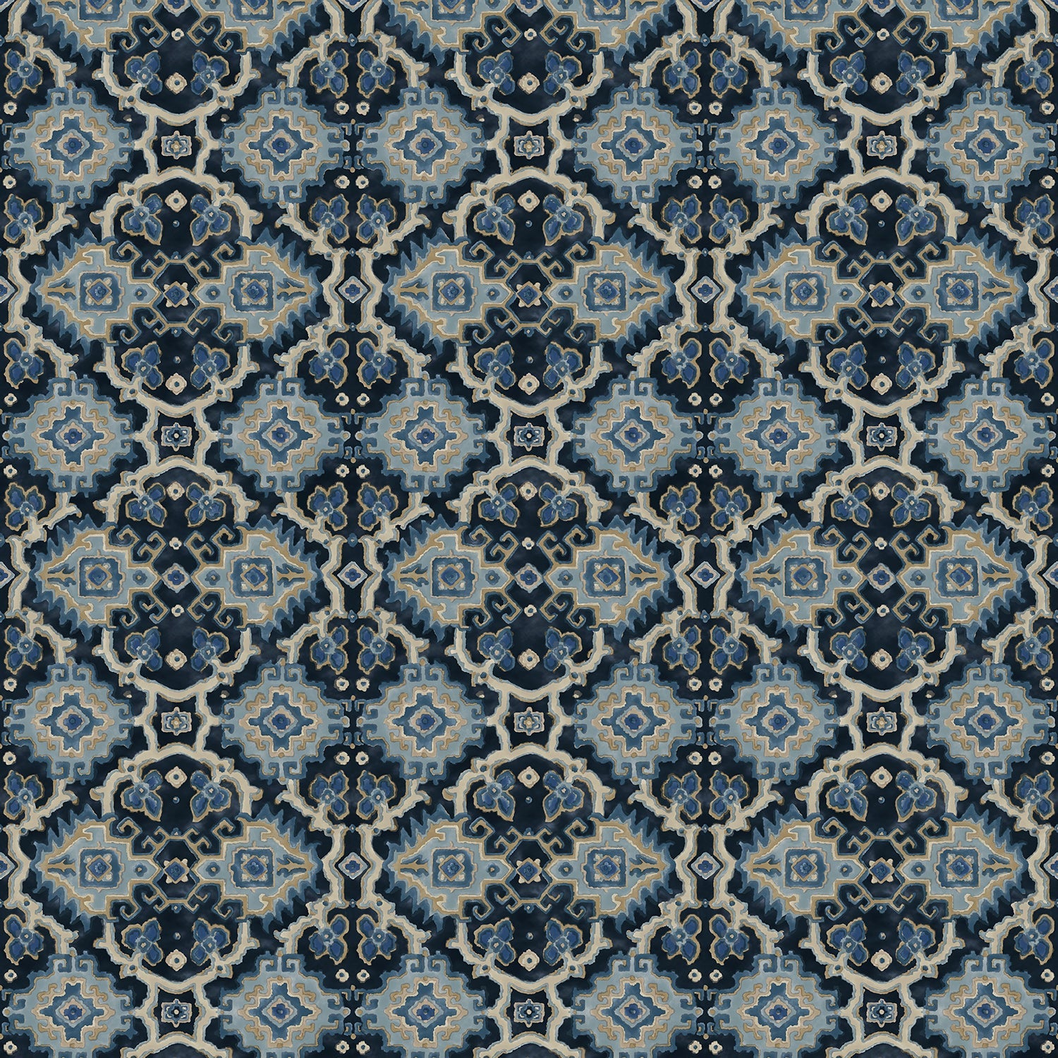 Printed velvet fabric with an oriental geometric design in blue colours, for upholstery and curtain use