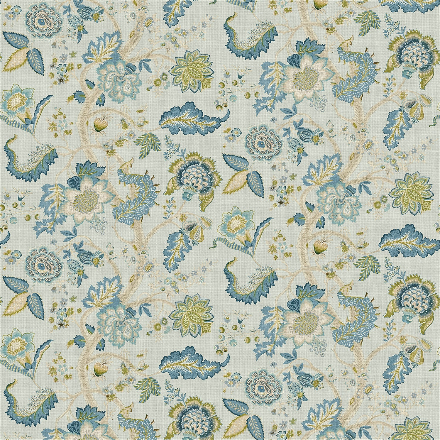 Printed linen fabric with Tree of Life pattern in blue and green.