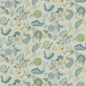 Printed linen fabric with Tree of Life pattern in blue and green.