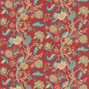 Printed linen fabric with tree of life pattern in red and blue for linen curtains, blinds and upholstery.