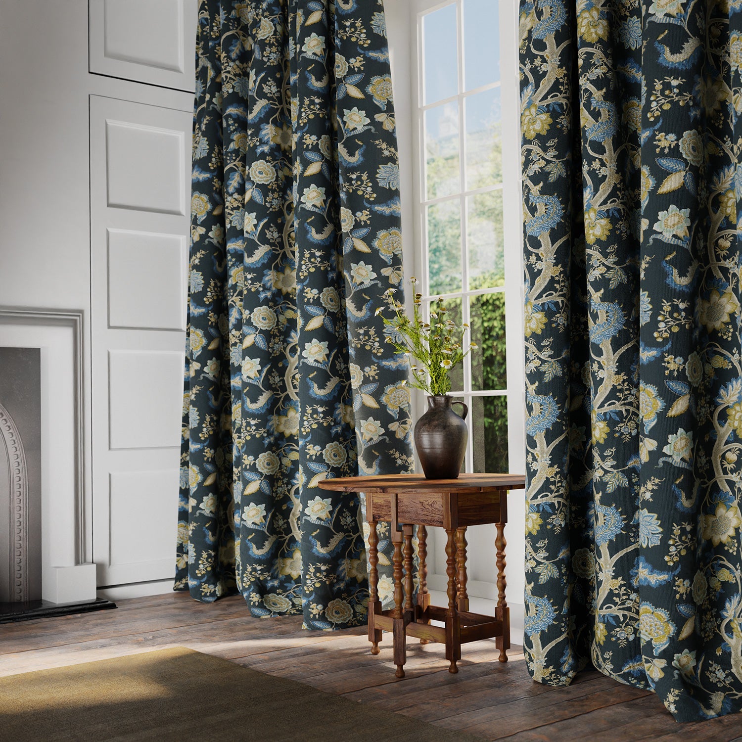Curtains is a printed linen fabric with life of tree pattern in yellow, blue and black colours.