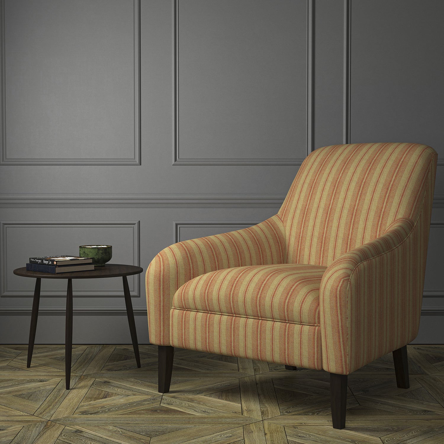 Chair upholstered in a luxury Scottish orange and neutral wool striped upholstery fabric