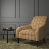 Chair upholstered in a luxury Scottish orange and neutral wool striped upholstery fabric
