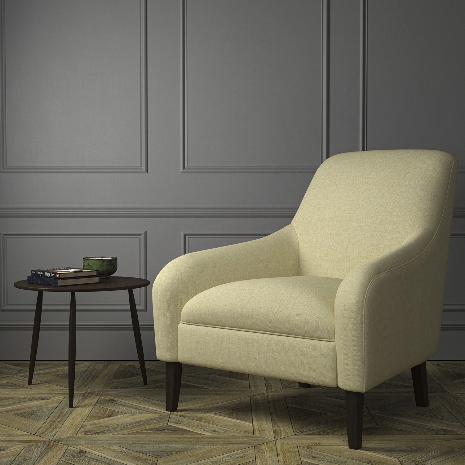 Chair upholstered in a luxury Scottish beige wool herringbone upholstery fabric